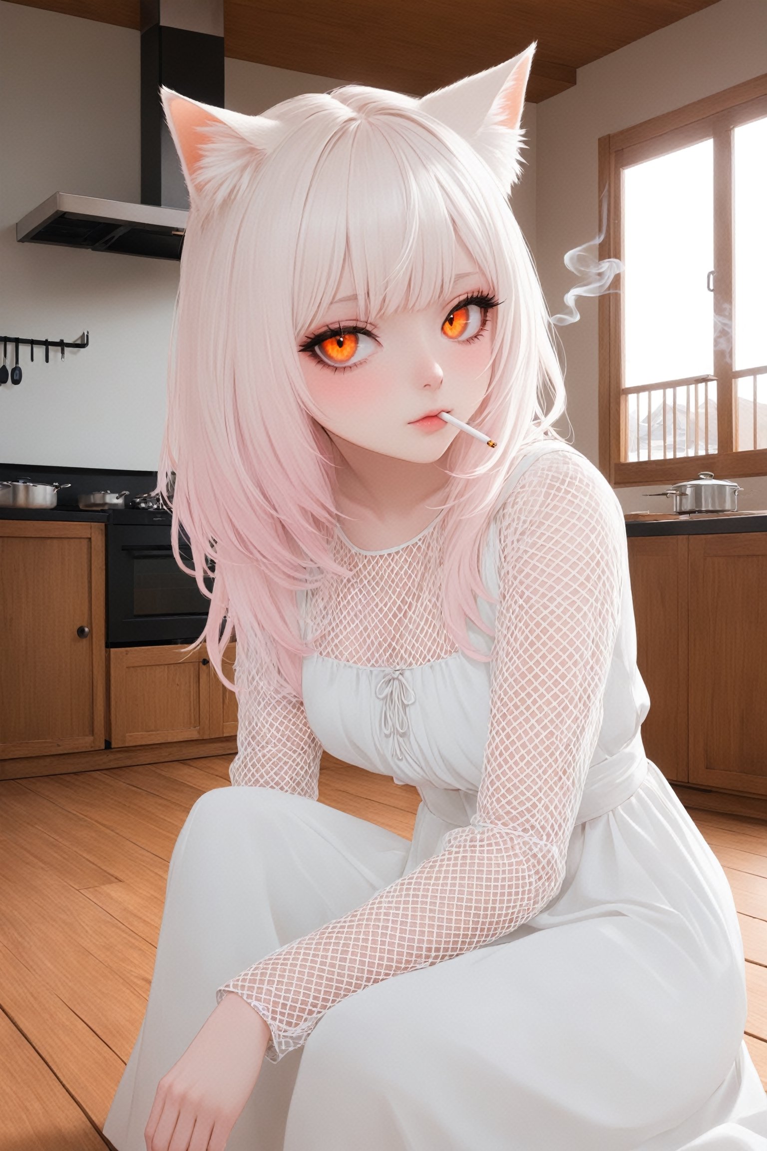 1 girl, albino cat girl,cat ear, with lethargic sleepy smokey eyes,white eyelashes,((orange slit pupil eyes)),mesh fishnet blouse,pure White long dress, ,pink-emo,catgirl,smoking a delicious cigarette, wooden floor,House Background,JPkitchen,