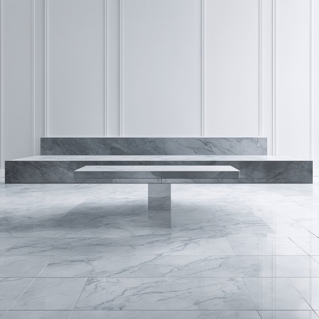 Ethereal liminal space: pristine white marble room. Seamless walls,  floor,  and ceiling of polished Carrara marble with s...