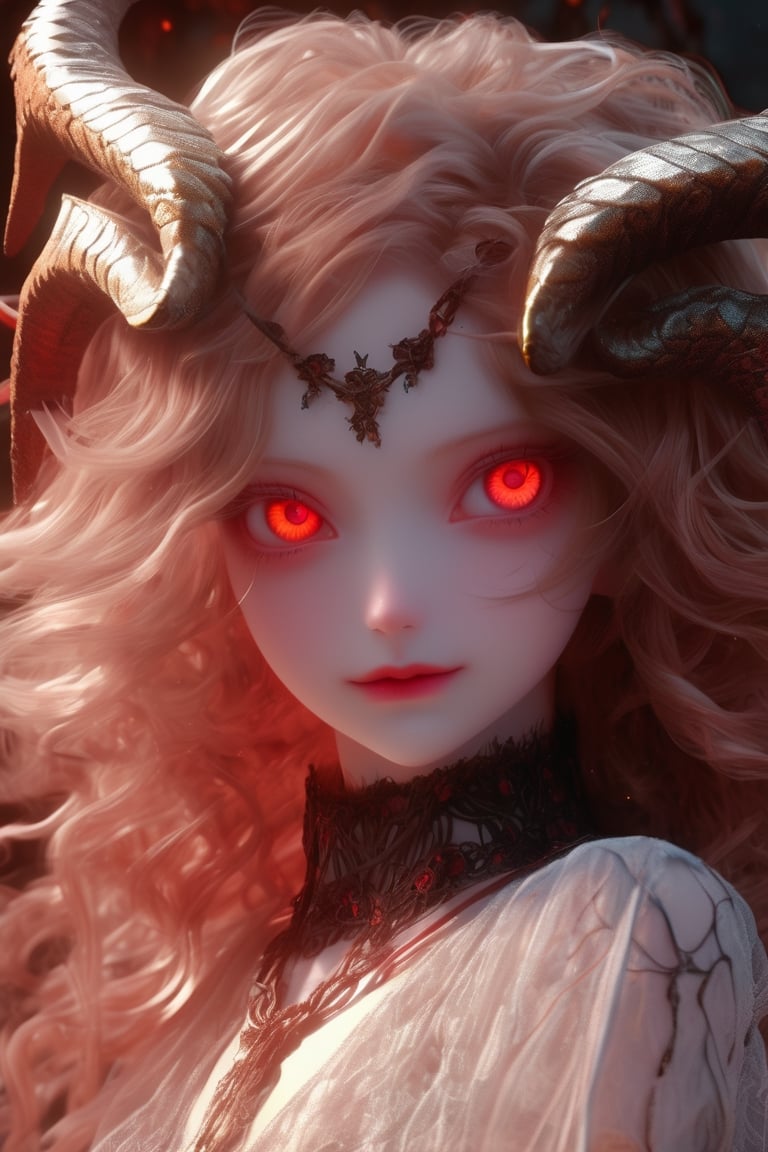 1 girl, (masterful), albino demon girl,((slit pupil eyes)),mesh fishnet blouse, (long intricate horns:1.2) ,alabaster skin, A benevolent smile, girl has Beautiful deep red eyes, soft expression, Depth and Dimension in the Pupils,bondage harness,
best quality, highest quality, extremely detailed CG unity 8k wallpaper, detailed and intricate, 