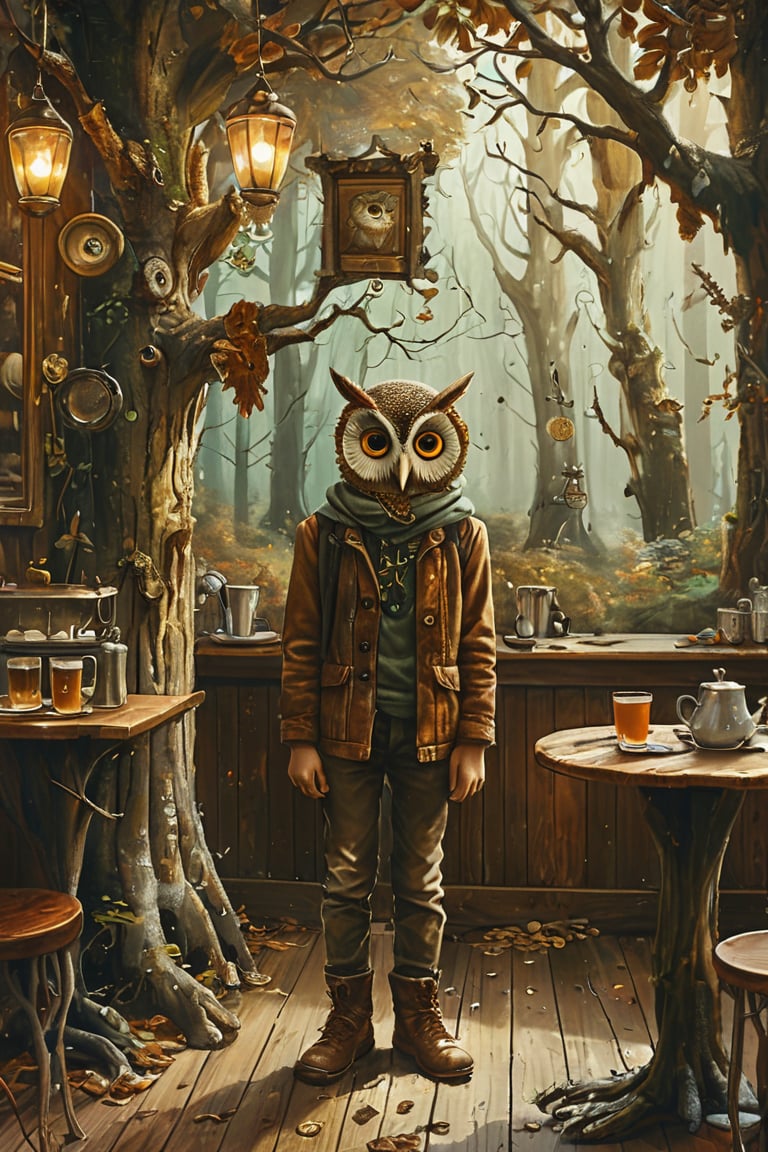  fantasy-style vintage painting, boy wearing an owl mask. He stands in a café inspired by a forest, with tree trunks and branches integrated into the décor, creating an enchanting, woodland atmosphere. The boy's outfit complements the theme, blending earthy tones and textures that evoke the surrounding nature. The scene captures the mystical charm of the forest within the cozy, magical setting of the café.