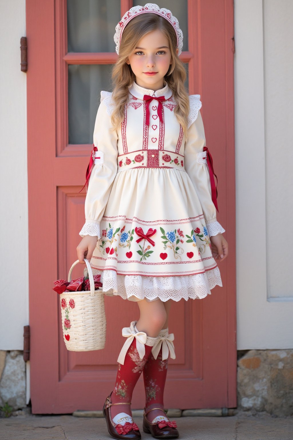 Sweet Lolita coordinate with Nordic/folk art influence. Young girl wearing cream and wine-red Lolita dress with detailed folk embroidery patterns. Dress features puff sleeves, lace-trimmed bodice, and full circle skirt with decorative apron panel. Intricate details include:

Main dress elements:
- Cream base color with wine-red ribbon and bow accents
- Embroidered folk art flowers and patterns in burgundy
- White lace trim on hemline, sleeves, and apron
- Puff sleeves with elastic gathering
- Full circle skirt with petticoat underneath
- Decorative apron panel with heart and floral motifs
- Matching bonnet with lace trim and ribbons

Accessories:
- Matching basket bag with ribbon and floral decorations
- Over-knee stockings with folk pattern print in red
- Red and cream Mary Jane shoes with bow details
- Silver-blonde wavy hair styled with slight curls
- Natural makeup with rosy lips and cheeks

Background:
- Standing against coral pink wooden door
- White painted door frame
- Rustic Nordic aesthetic

Professional Lolita fashion photography with soft natural lighting enhancing the vintage, storybook quality. High detail on fabric textures, embroidery, and lace elements. Nordic/folk art influence visible in pattern choices and color scheme.,ct-vlaoba,aidmafemalecosplay