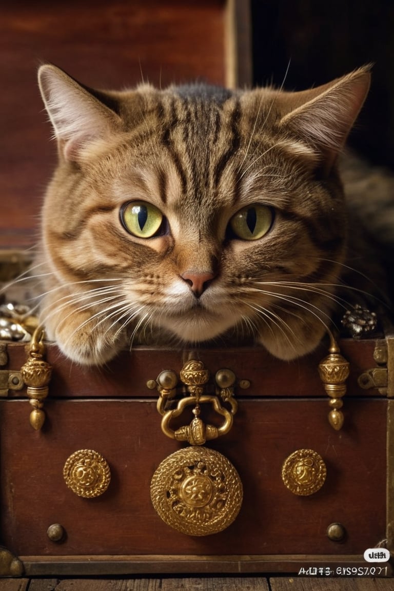 "A cat waiting inside a treasure chest, with only its face peeking out from the opening. The treasure chest is ornately decorated with gold and jewels, giving it an ancient and mysterious appearance. The cat has bright, curious eyes and a playful expression, its whiskers twitching slightly as it surveys its surroundings. The scene is set in a dimly lit room, with the chest placed on an old wooden floor, surrounded by scattered coins and a few pieces of antique jewelry, adding to the sense of hidden treasure and adventure.",cat