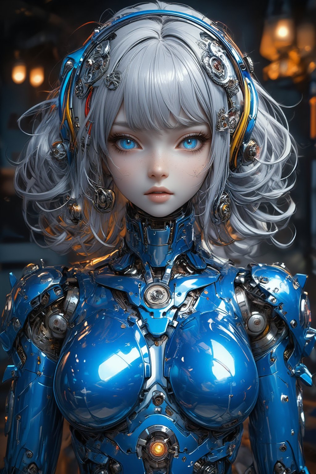 Female cyborg,full body figure,highly polished blue metallic body reflecting light like a mirror surface, Face crafted from pure white alabaster resembling a gothic porcelain doll with delicate features, Large luminous eyes with intricate mechanical iris patterns, Ornate gothic hair ornaments made of alabaster and silver filigree with small mechanical details, Long flowing synthetic hair styled in elegant victorian curls, Multiple vivid cables extending from neck area in bright red yellow and white creating a dramatic contrast against blue body, Cables have a glossy plastic finish and gentle curves like ribbon streamers,Body constructed of smooth curved panels with visible joint sections, Mirror-finish blue metal reflecting environment creating complex light patterns, Mechanical parts visible at joint areas with precise technical details, Graceful feminine proportions with elegant posture, Doll-like hands with visible mechanical articulation at fingers, Gothic-inspired design elements integrated into mechanical parts, Subtle LED lighting effects in eyes and joint areas, Expression serene and doll-like yet hints at artificial intelligence, Contrast between cold mechanical body and delicate porcelain features, Interior mechanical parts glimpsed through strategic transparent panels, Metallic surface transitions seamlessly to porcelain features at neck area,PorcelainDollPrincess,\mechako\