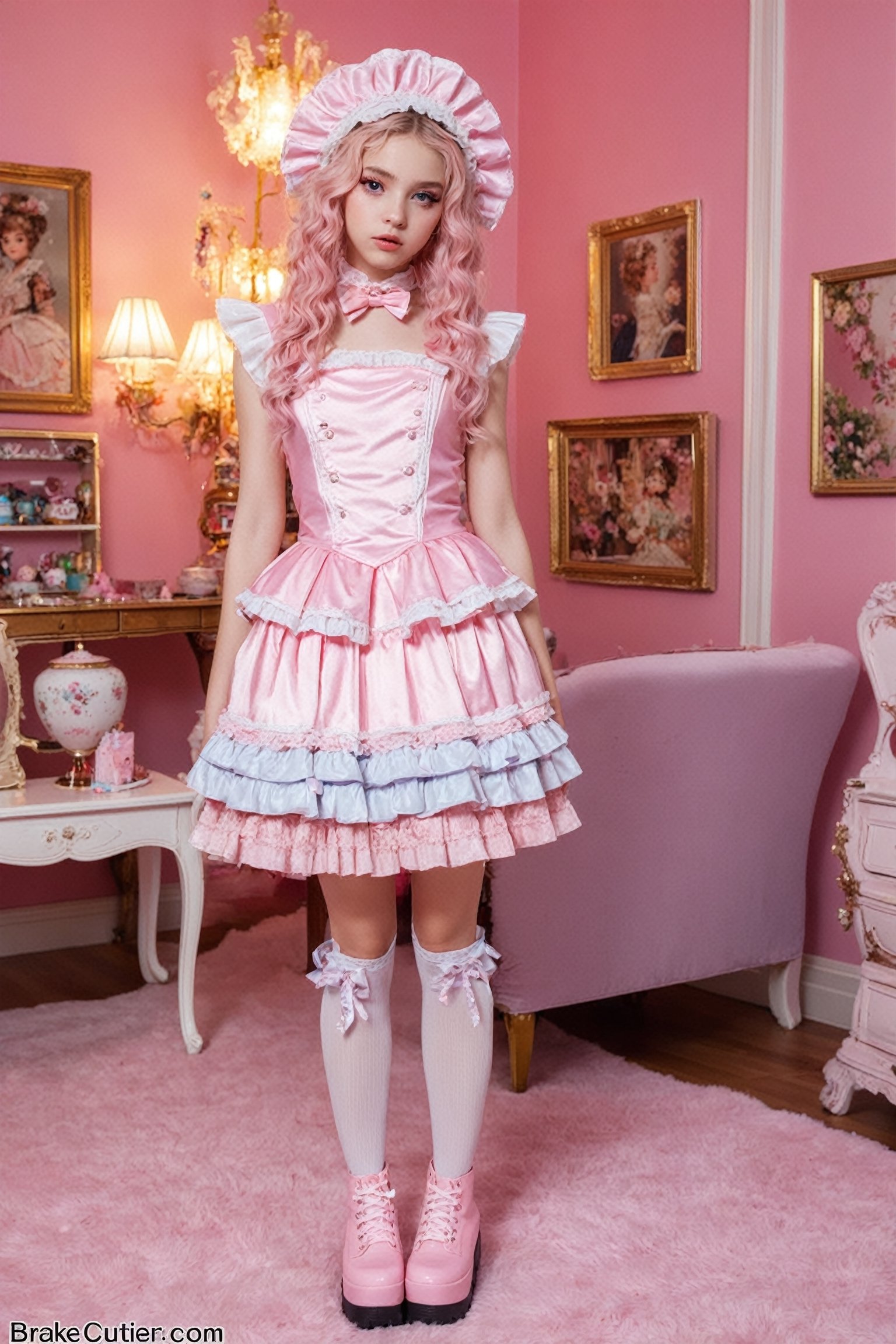 ,maximalism kawaii clutter and excessive decoration room,
brake
Cute Scandinavian girl,14 yo,(maximalism fashion), in an overly decorated emo style pink lolita outfit, her dress is bright pink with frills and studded with lace and ribbons,luxury head bonnet, a glittering flared skirt, platinum blonde curly hair, oversized ribbons and Adorned with sparkling hairpins, she wears thick platform boots and pastel stockings,heavy makeup,