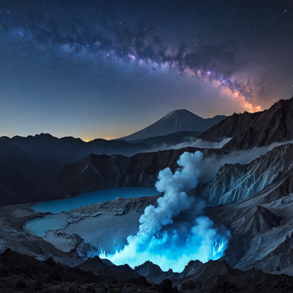 Nighttime scene of Indonesia's Ijen volcano,  ((blue flames)),  Ethereal blue flames erupting from the crater by maehara o...