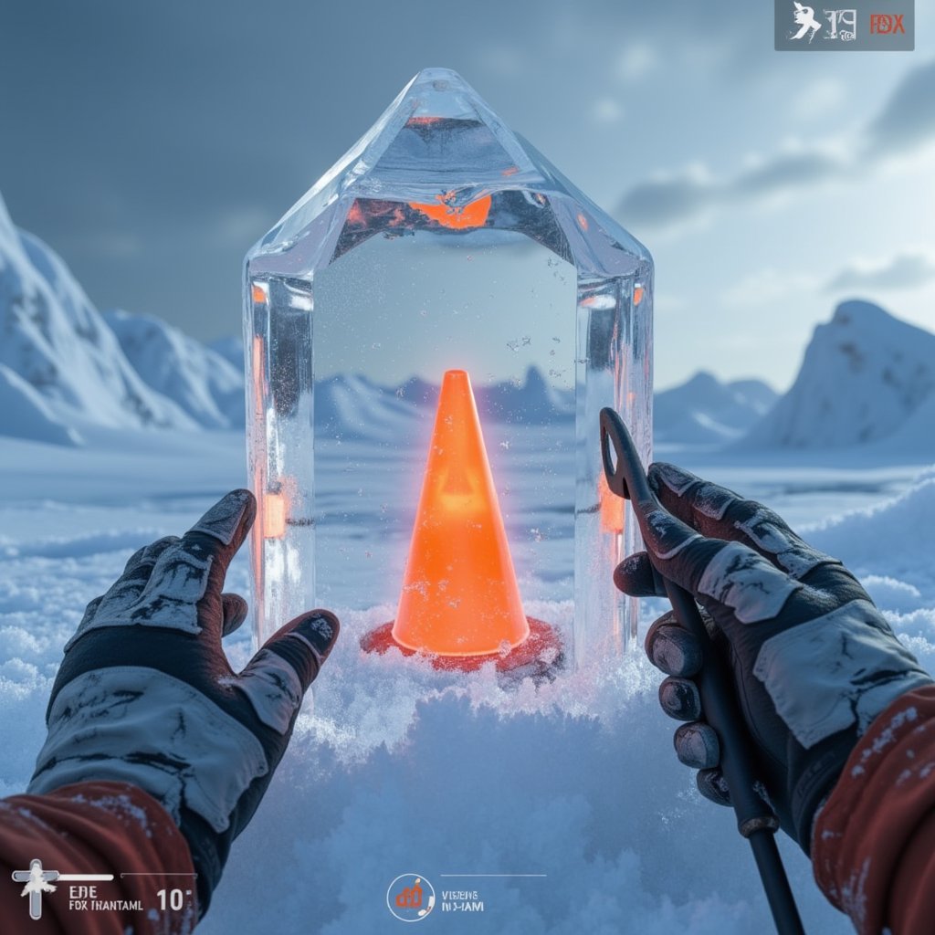 POV first-person survival game screenshot. Icy, snow-covered landscape.

Central focus: Large, clear ice block with a bright orange traffic cone frozen inside. Ice slightly glowing, refracting light.

Environment: Snowy terrain, distant mountains, overcast sky. Harsh winter atmosphere.

UI elements:
- Bottom left: Health bar, stamina meter, body temperature gauge
- Bottom right: Mini-map with blips
- Top right: Inventory slots with survival items (knife, flare, rations)
- Top left: Mission objectives, compass

Hands visible at bottom, wearing tattered gloves, holding an ice pick.

Lighting: Cold, blue-tinted light with orange glow from frozen cone.

Style: Realistic 3D game graphics with slight grain for immersion.

Additional details:
- Frost accumulating on screen edges
- Breath vapor visible
- Cracks in ice around cone, suggesting recent exposure