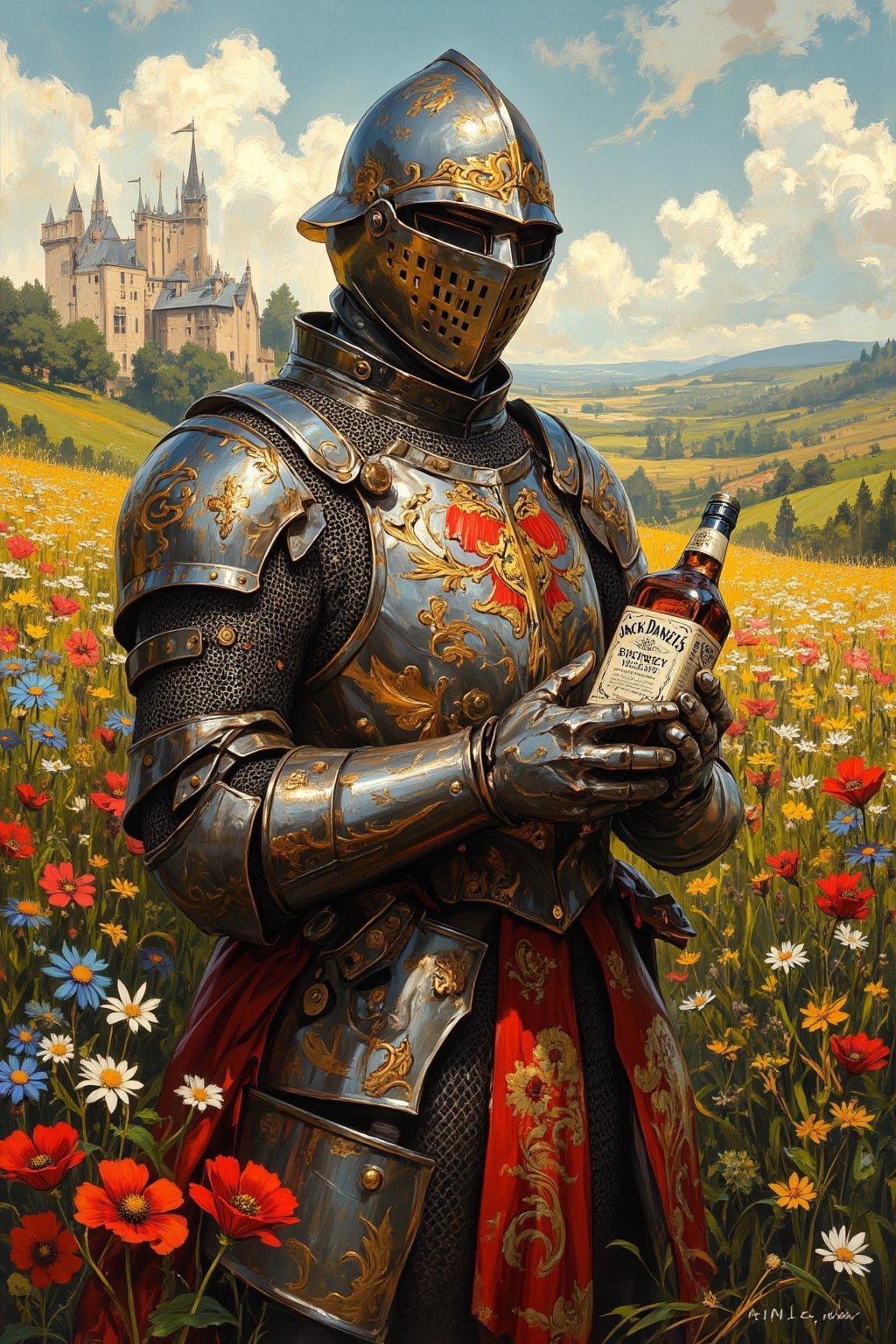 Renaissance-style oil painting of a lush flower field with a knight. Vibrant colors and soft lighting reminiscent of Botticelli. Knight wears pristine Maximilian-style full plate armor, highly detailed with fluting and ornate engravings. Standing amidst colorful wildflowers - poppies, daisies, and cornflowers. Knight's visor is up, revealing a noble face gazing lovingly at a bottle of Jack Daniel's whiskey held in his gauntleted hand. Contrast between medieval armor and modern whiskey bottle. Background shows rolling hills, distant castle, and picturesque sky with fluffy clouds. Painting technique mimics Old Master style: fine brushstrokes, glazing, and sfumato. Golden afternoon light adds warmth and depth. Composition balances realism of armor with whimsical nature of scene. Intricate details in both armor and floral elements. Surreal juxtaposition of historical accuracy and anachronistic element.,Medievalx