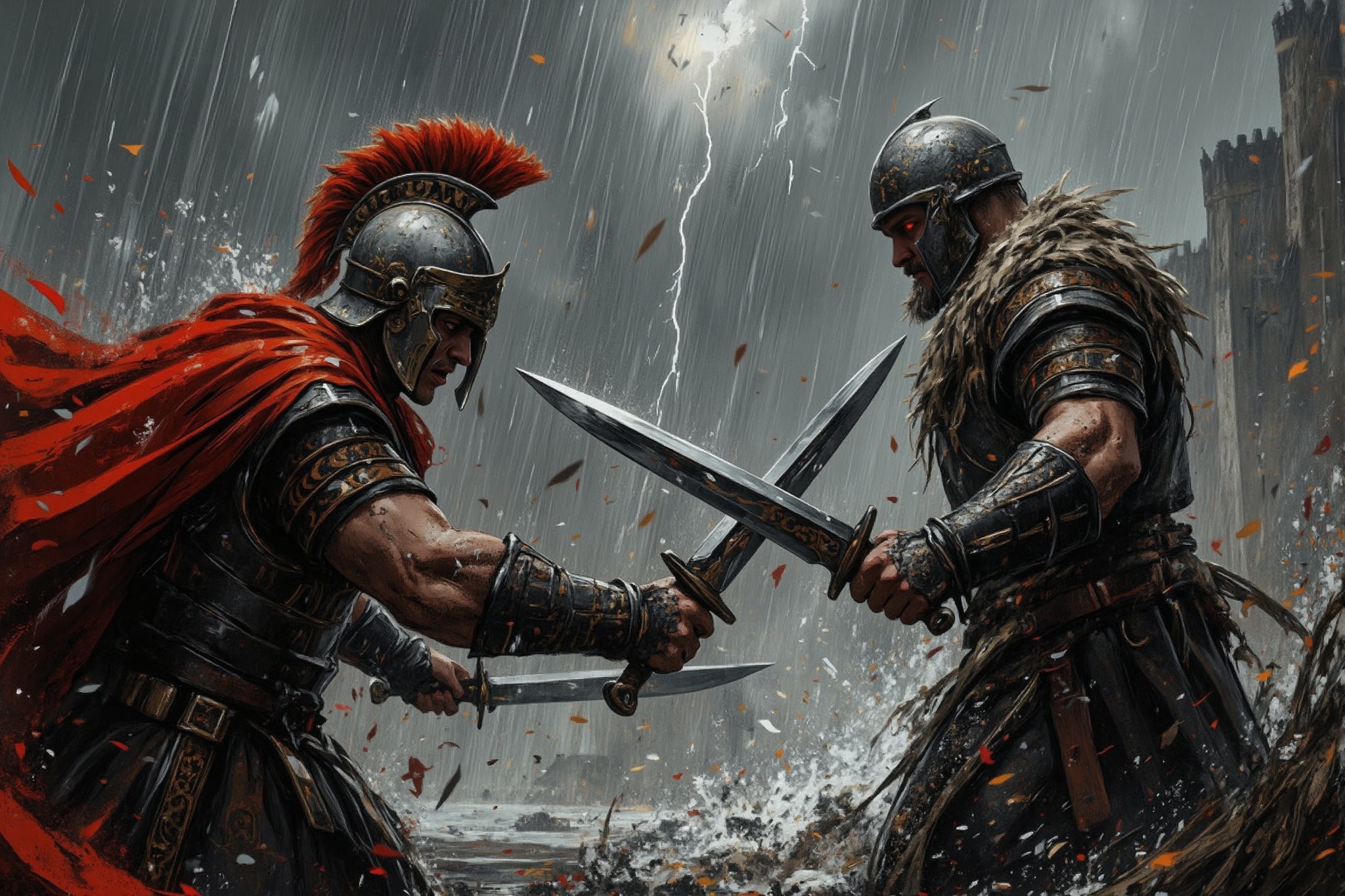 Surreal cinematic scene of fierce sword fight between Spartan hoplite and Viking warrior, heavy rain and howling wind. A Spartan wearing bronze armor, crimson cloak and iconic Corinthian helmet with red plume charges forward with sword, a Viking dressed in leather and fur holds a long Viking sword, both warriors' muscles tense and their faces contorted with fierce determination, rain, water and mud splash violently under their feet, raindrops and sweat splash from their bodies. Dark stormy sky background with flashing lightning. Debris and leaves swirl in the air. Close-up view captures the intensity in their eyes and the detail of their blades. Highly detailed textures of wet armor, leather and shining swords. Dynamic composition with diagonal lines highlighting the clash of blades. Desaturated color palette highlighting metallic grays, crimson reds and steel shine. ,WildfireFury,WildfireFury,Medievalx