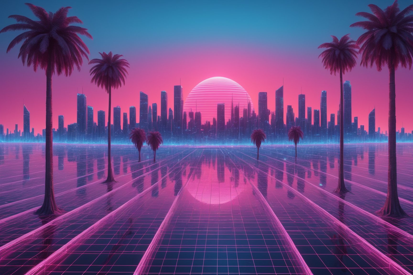 (Vaporwave),
1980's wireframe Retro CG style,Logic hologram wireframe World,
(hologram wire framered Rising sun),hologram Palm tree,hologram wireframe city beyond the horizon,
,3D Mesh,3D mesh digital Matrix,Clear Glass Skin,GLASS,Matrix code,Amidst the dynamic world of 3D design,retropunk style,wave art style