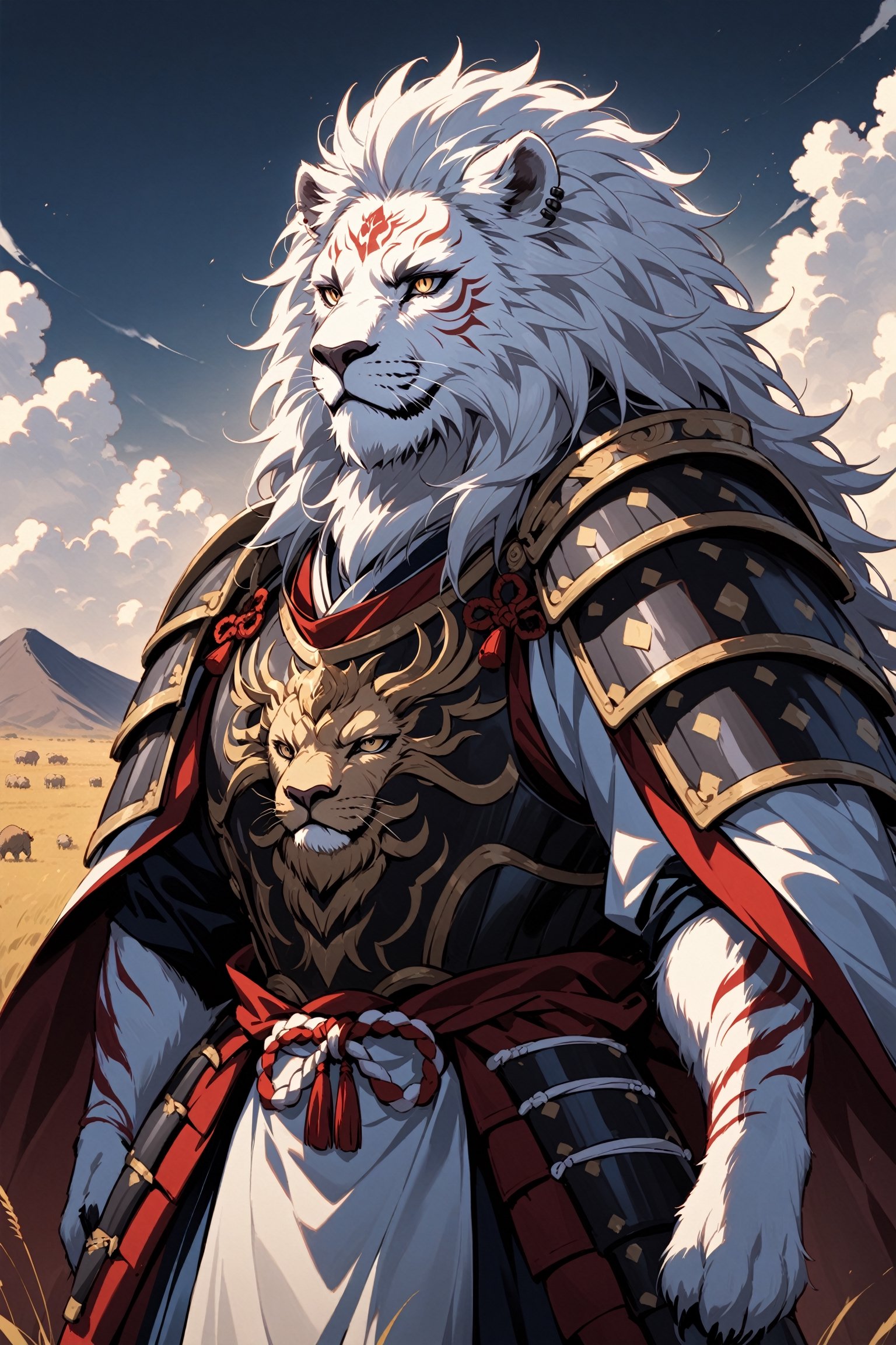  albino male lion, dressed in the attire of a samurai, its pristine white fur contrasting with the traditional samurai armor adorned with symbols of strength and honor. With a regal stance and piercing eyes reflecting wisdom and determination, the lion exudes nobility and power. Despite its imposing presence, there is a sense of grace and tranquility about this majestic creature. As it roams the plains, it commands respect and admiration, embodying the spirit of a noble warrior in the animal kingdom.,warrior