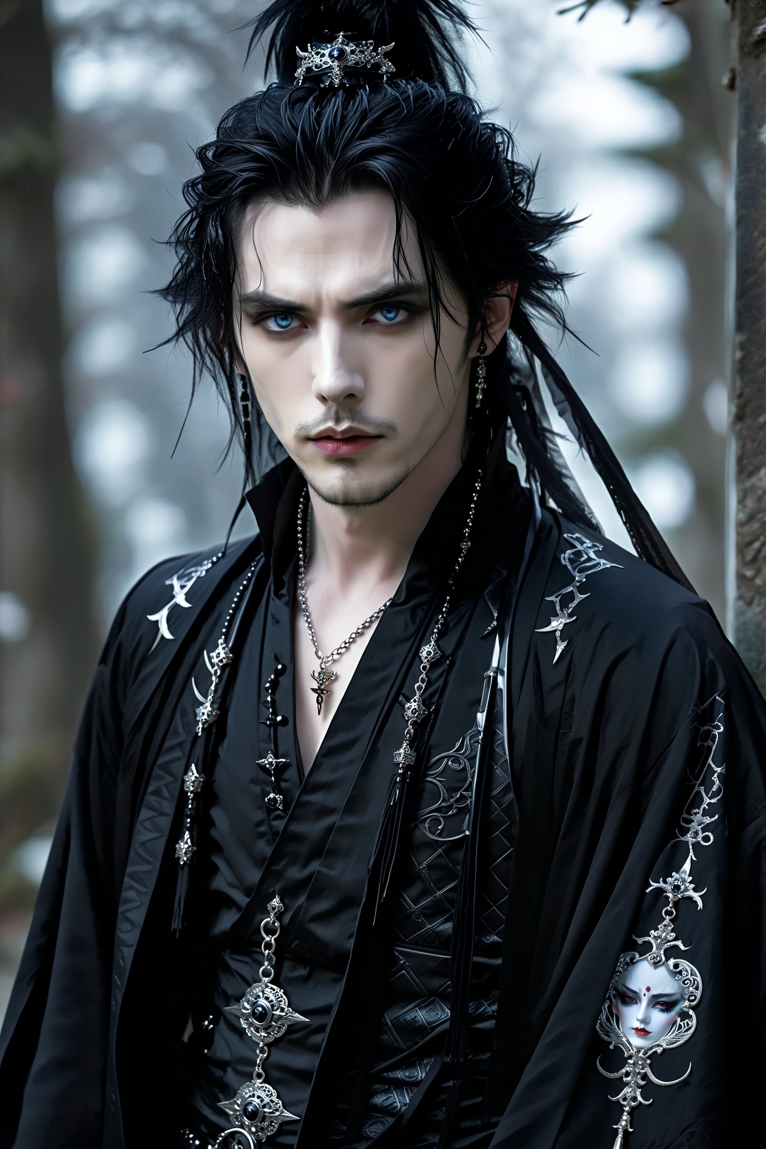 1man,((strikingly handsome French man)), Japanese-inspired gothic horror fashion, deep-set blue eyes and a strong jawline, and a modernized black kimono-style jacket that opens at the chest to reveal her pale skin. button. Tight black leather pants and platform boots with silver buckles. His ears have multiple piercings, including dangling earrings shaped like lanterns. Dark and smoky eye makeup emphasizes his gaze,.,goth person,black cloak,grey hair,male focus