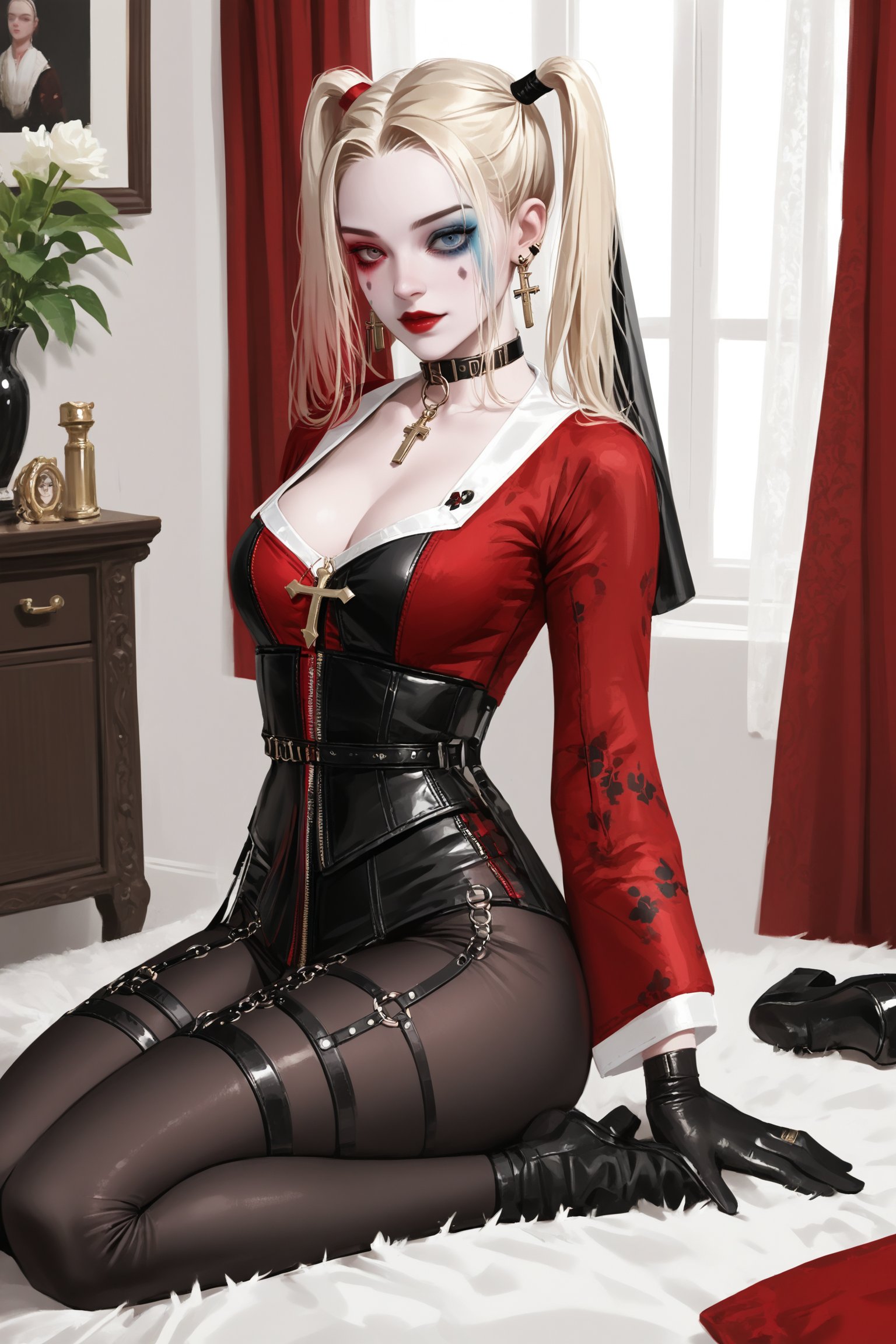 1milf,Harley Quinn,Nordic girl,Gothic make-up, high ponytail, septum earrings,
 wearing a tight-fitting scarabrio reimagined as a kimono-style garment,The outfit features elaborate baroque patterns in gold and red on a black base,Ornate swirls, cherubs, and acanthus leaves adorn the fabric,The skirt is short and form-fitting. blonde pigtails,makeup is dramatic,pale skin, red lips, in a luxurious baroque-style room with gilded mirrors and velvet, curtains,score_9,score_8_up,score_7_up,lace,hair ornament,see-through,cleavage,ruanyi0623,choker,nun,dress,nunl0l,black gloves,jewelry,corset,LAassunity,pantyhose,garter strap,black footwear,zipper,ruanyi0575,bdsm,inverted cross,kimono