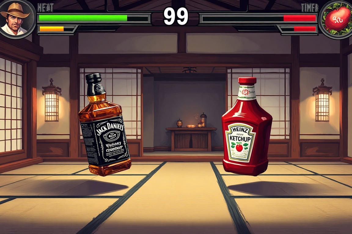 A pixel art style fighting game screen layout, featuring a battle between a realistic Jack Daniel's whiskey bottle versus a Heinz ketchup bottle. HUD elements showing health bars at top of screen in green, super meter bars in yellow, timer showing "99" in center. Both bottles floating and positioned in fighting stances: Jack Daniel's black label whiskey bottle on left side, classic red Heinz tomato ketchup bottle on right side. Traditional Japanese room setting with tatami mats, light brown woven texture visible, decorative shoji screens with wood frames, exposed wooden ceiling beams. Warm lighting from traditional paper lanterns, casting soft shadows on tatami. Clean pixel art style similar to Street Fighter 3, high resolution and detailed bottle labels, dynamic compositions. Side walls with subtle paper screen patterns, small wooden alcove (tokonoma) in background. Both bottles casting accurate shadows on tatami floor, maintaining realistic product proportions and label designs. No humanoid features on bottles, keeping their original product appearance intact.,fighting game UI PC VERSION "VS" fight