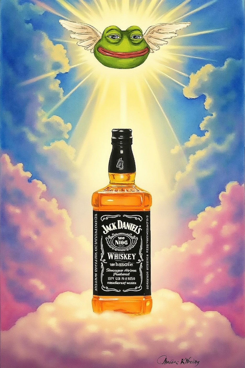 A fantastical watercolor painting in the style of religious iconography. The central focal point is a divinely glowing bottle of Jack Daniels whiskey, the bottle resting on a pedestal of celestial clouds. ,
Above: Pepe the Frog with wings.anthropomorphic frog,Pepe meme,
Background: Swirling clouds of blue, pink and gold pastel colors. Beams of divine light penetrate the clouds. ,
Style: Softly blended watercolor technique. Delicate lines are used for details. Color palette: Rich gold, deep amber, celestial blue, soft pink. ,
Composition: Symmetrical, with a bottle of whiskey in the center and Pepe the Frog directly above. There is a sense of vertical movement from bottom to top. ,
Mood: Reverent, awe-inspiring, slightly whimsical. Fusing the solemnity of religious art with a touch of modern surrealism.,Pepe meme,