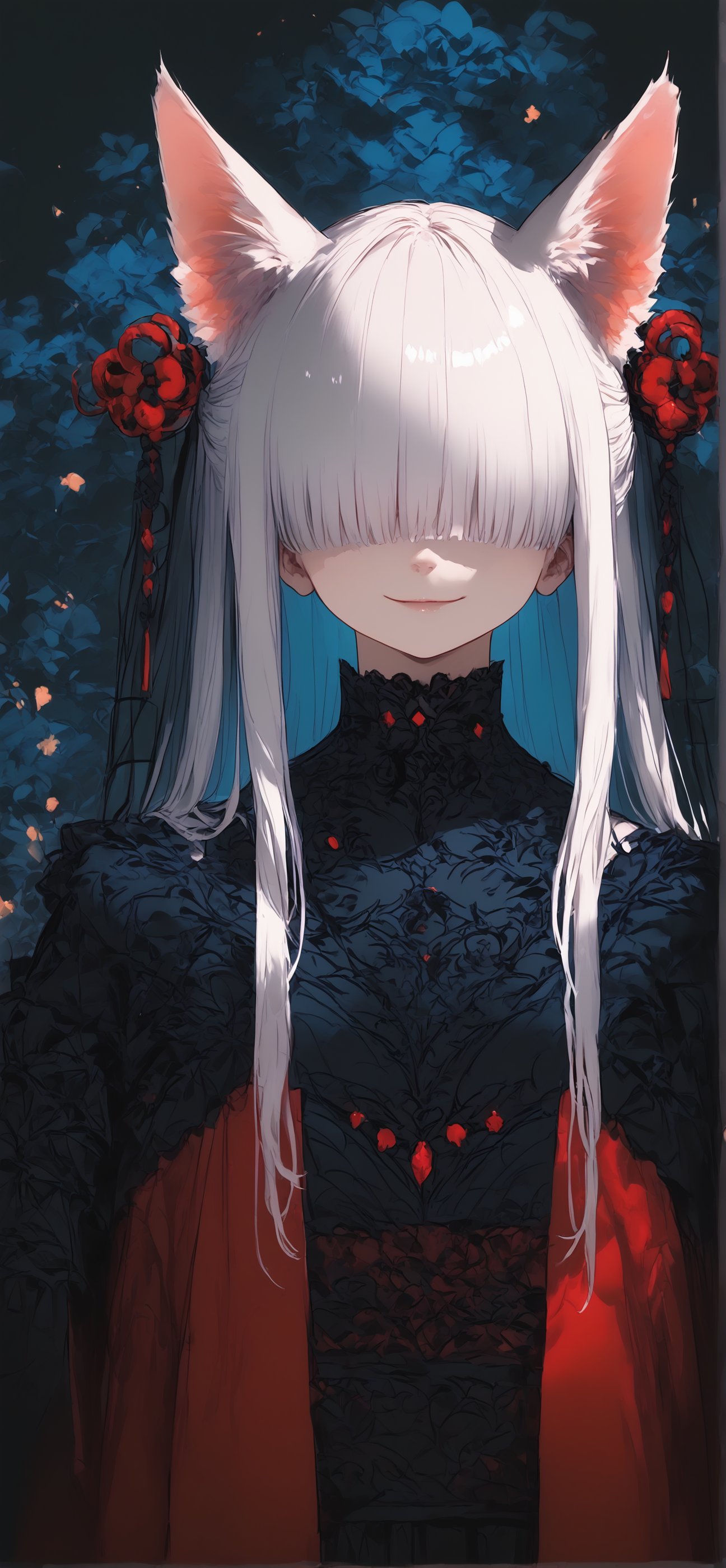 (score_9,score_8_up,score_7_up),solo,Albino fox Girl,animal fox ears,red eyes,long pure White hair,red skirt,goth style luxury layered kimono,hair ornament,(hair over eyes:1.5), (bangs cover her eyes:1.5),Full body,v,smile,goth girl,sagawa,garter straps,YuukiTeitoStyle,Examplelora,Details,G41xy 