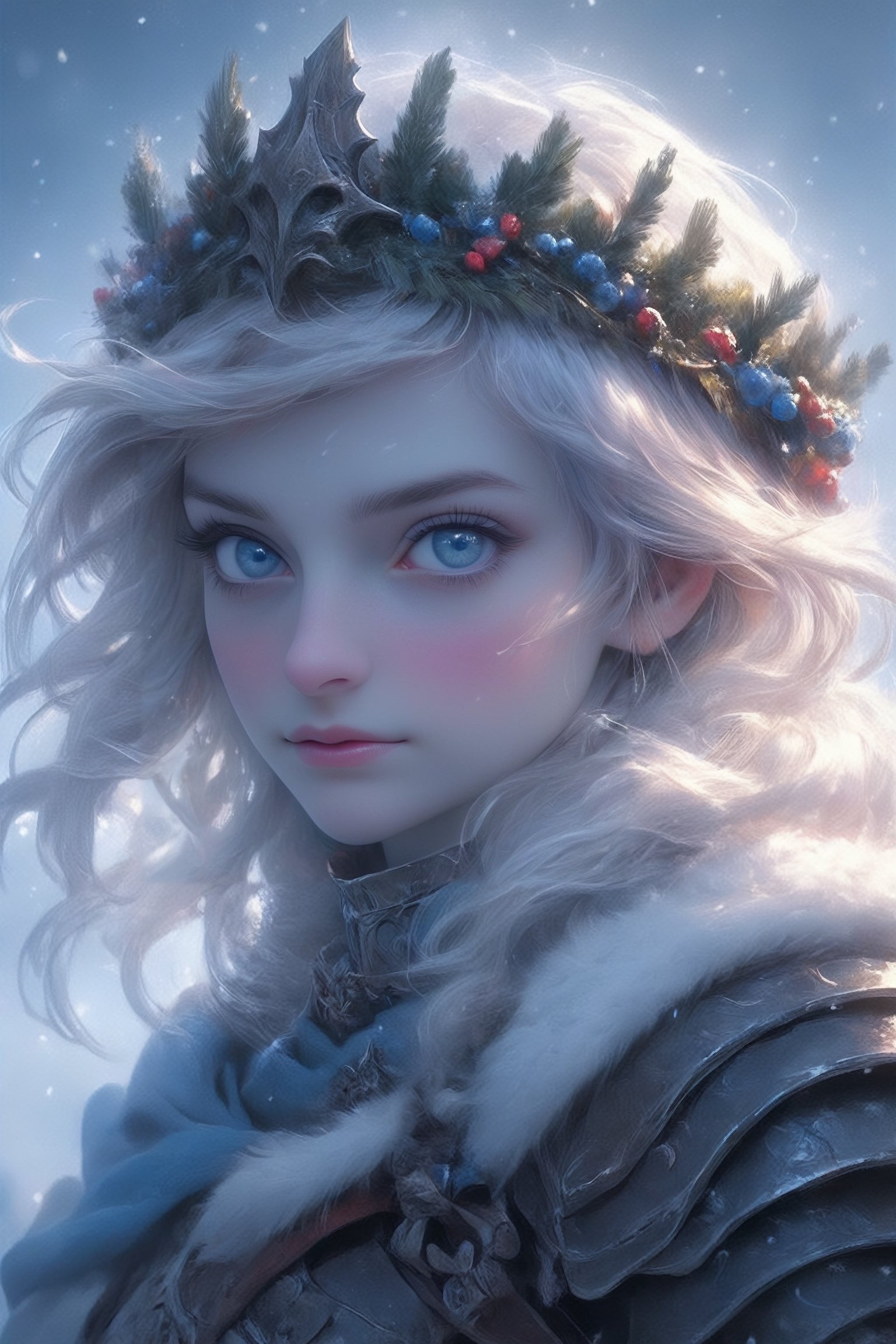 (close-up portrait of a knight lady on a white horse:1.2), white long hair, bright clothes, pale skin, blue eyes,, the girl has Beautiful blue eyes, (soft expression), Depth and Dimension in the Pupils, So beautiful eyes that Has deep clear eyes, detailed eyelashes, mesmerizing iris colors, (focus on the eyes:0.8), (Dimly shining eyes),Scar in one eye,
 1Girl,18 years old noble bloodline,fantasy world, medieval scene, masterpiece, no helmet, (art by greg rutkowski:1.2), glow effects, godrays, Hand drawn, render, 8k, octane render, cinema 4d, blender, dark, atmospheric 4k ultra detailed, cinematic, Sharp focus, big depth of field, Masterpiece, colors, 3d octane render, 4k, concept art, trending on artstation, hyperrealistic,valent_1314,Christmas Fantasy World