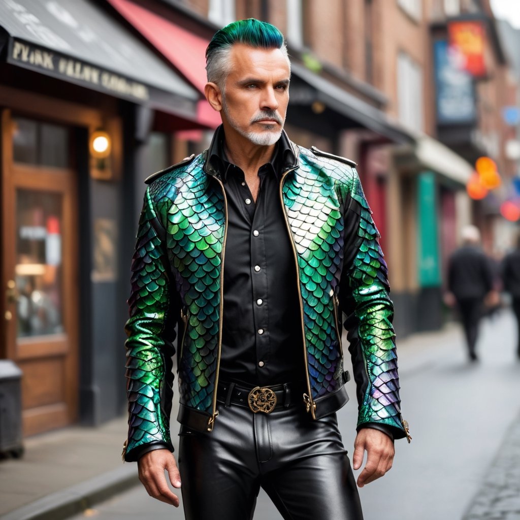 An older gentleman exudes a rebellious charm in his punk rock style, donning a dragon scale-patterned rider's jacket. The jacket, adorned with the mythical allure of dragon scales, brings an edgy and fantastical twist to his punk aesthetic.The rider's jacket, crafted with meticulous detail, showcases the iridescent sheen of dragon scales, creating a unique fusion of punk fashion and mythical elements. The scales, arranged in a pattern reminiscent of dragon hide, add a rugged yet enchanting quality to the jacket.,dragon armor