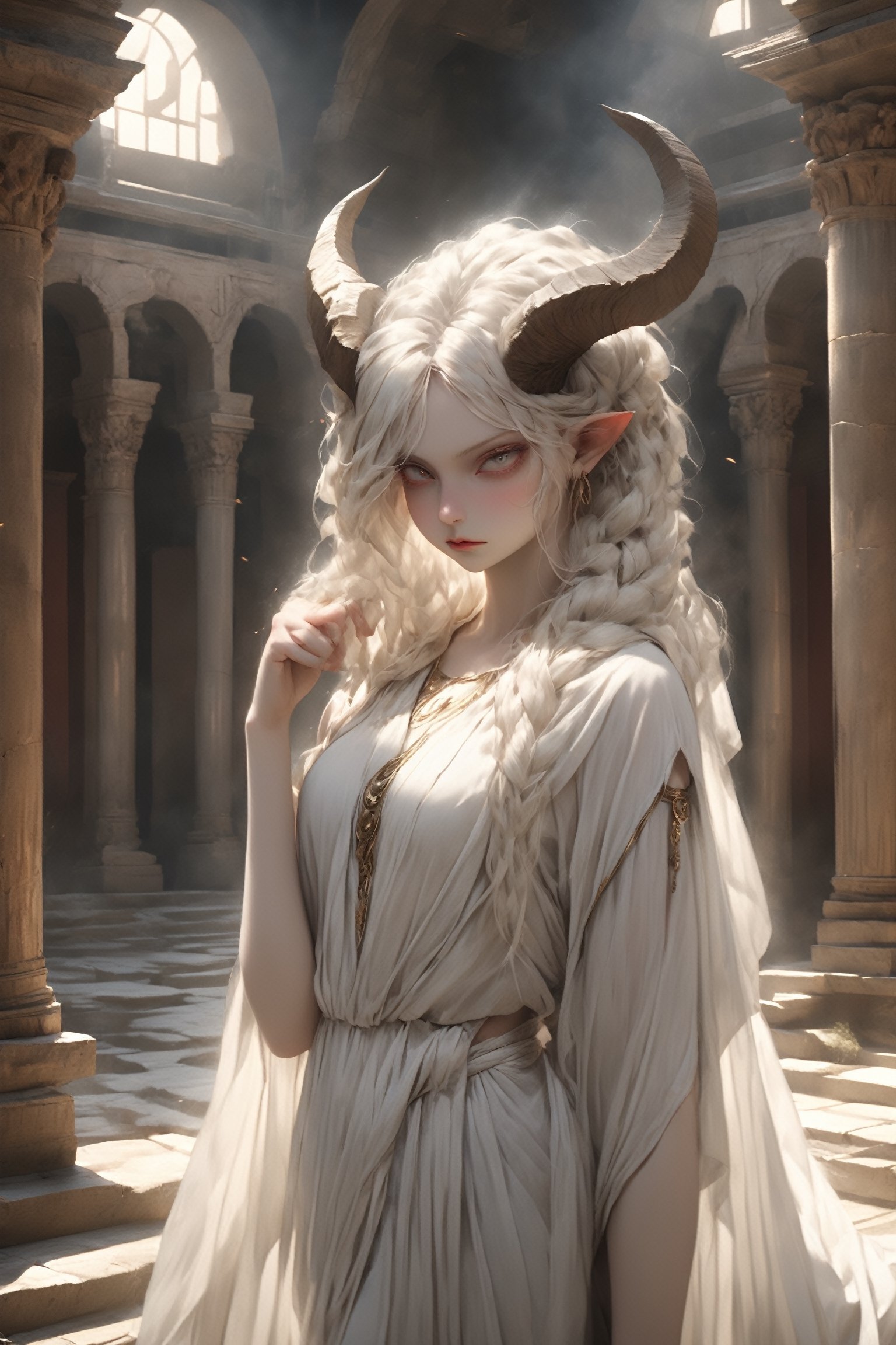 1 girl, albino devil girl, long devil horns, perfect beautiful face,
Clad in a beautiful transparent toga, an albino demon girl stands in the atmosphere of an ancient Roman bathhouse. Her ethereal presence contrasts with the classical elegance of her surroundings, her beautiful white skin and silver hair shining in the soft sunlight,
,Roman,porcellana style,bj_Devil_angel,dal