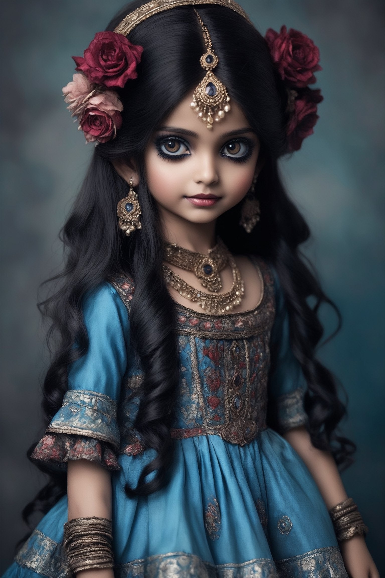 1girl,  Blue painted skin,  Gothic Lolita-inspired Indian ethnic attire by maehara on Tensor.Art