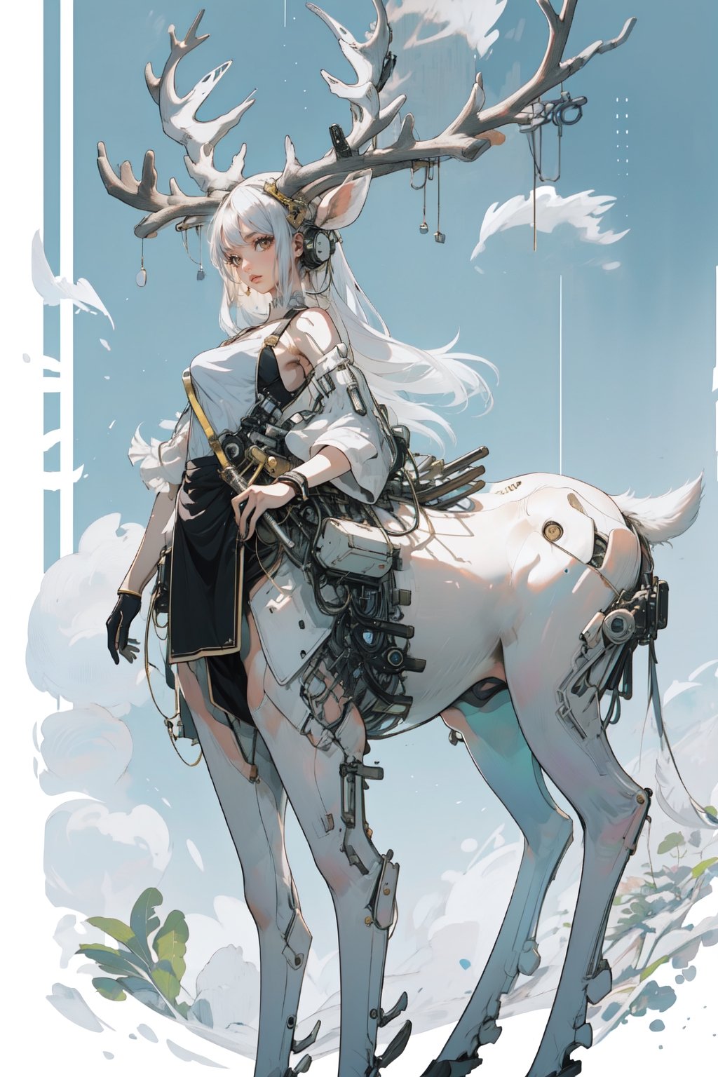 female_solo, albino centaur, curvaceous, masterpiece, breasts, defined, happy,Alabasta
_skin, glow, golden_eyes, white_hair, long_hair,  clear face, flawless, flawless face, centaur, taur, 4 legs,3va,deer ear