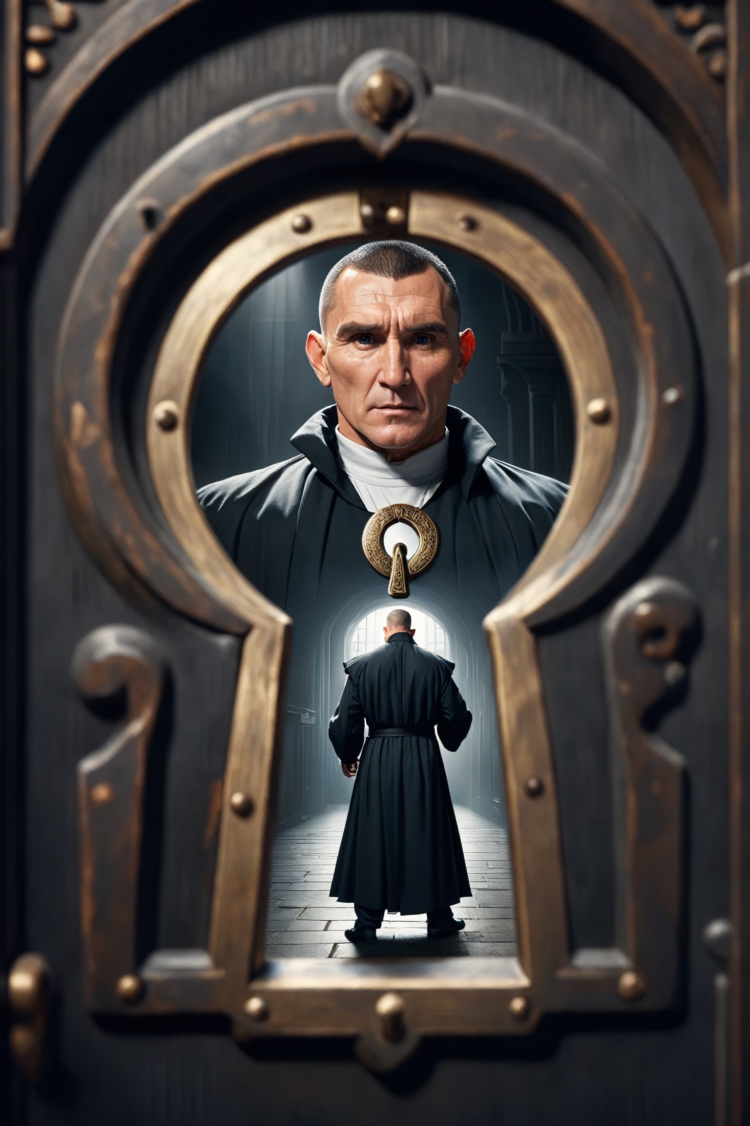 ((Screen through the keyhole)),1man,(Vinnie Jones),(He has a meathammer in his hand), black robe, ((depth of field)),backDonMK3yH0l3XL,Hollow