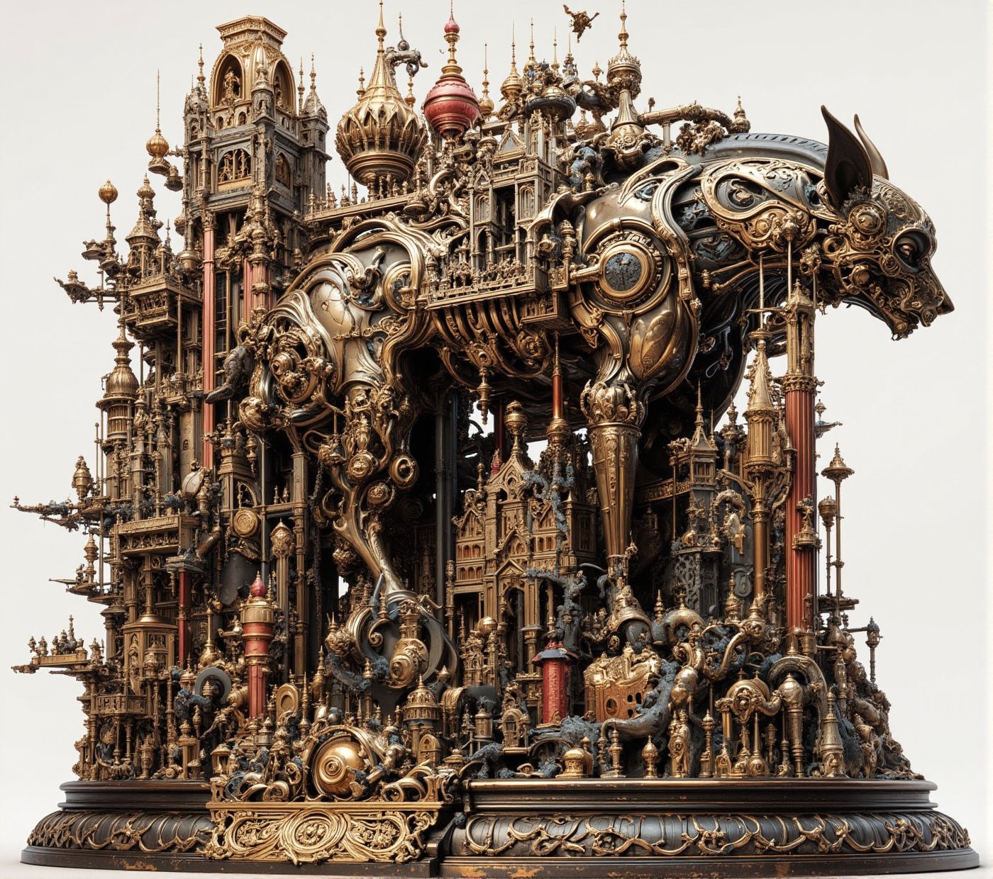 intricate gothic sculpture in kris kuksi style,  massive mechanical hyena body,  dark bronze and aged copper finish by mae...