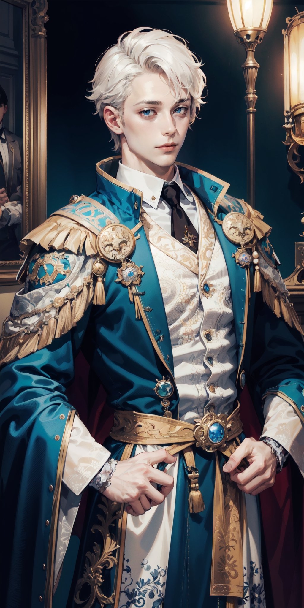 Extreme detailed,Realistic,solo,
official art, extremely detailed, Extreme Realistic,  Nordic beautiful teen boy,beautifully detailed eyes, detailed fine nose, detailed fingers,muscle body, wearing extremely detailed luxury male Prince Albert coat, high quality, beautiful high Detailed white short hair,