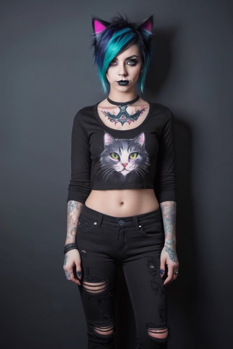 ultra Realistic, 
night club background,
(Emo fashion Girl), girl,
Gothic style make up,multi color hair,mouth Pierce,
eyelash extension,distressed sleeve tight shirt, Face paint cat whisker,
Lot Tattoos,skin tight jeans,draven SLIP-ons,

aesthetic portrait