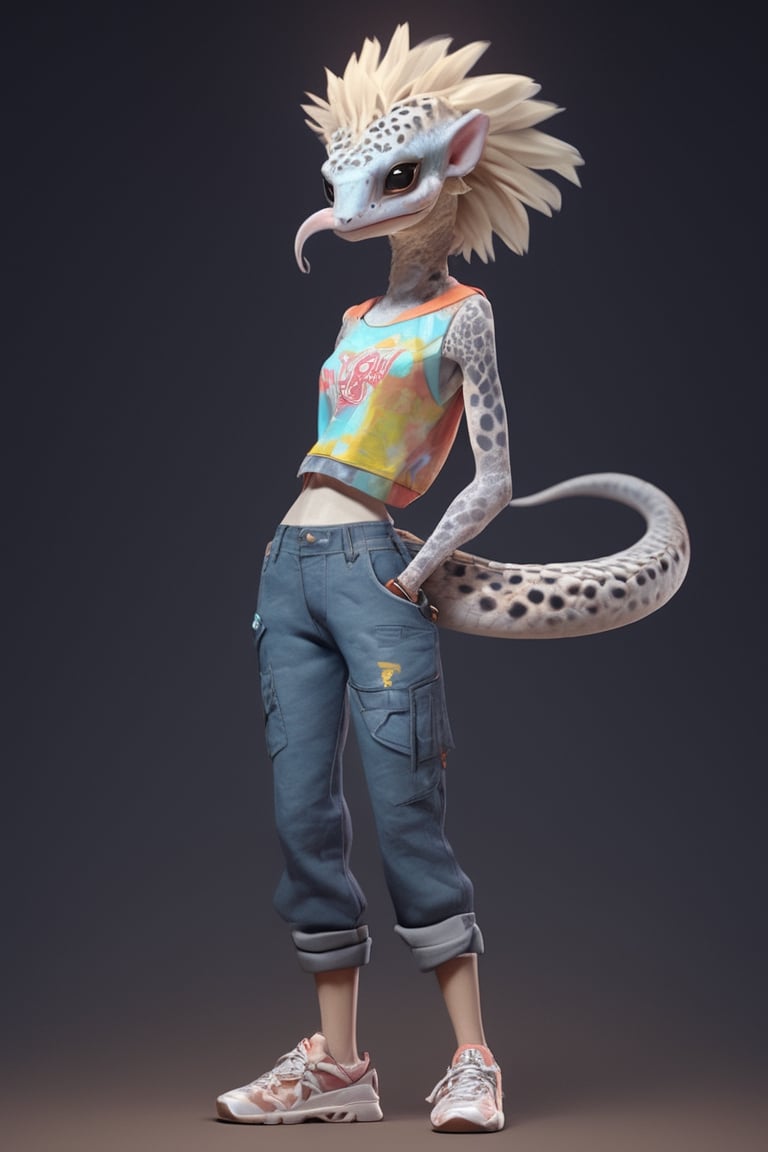 anthropomorphic representation of an albino female leopard gecko,anthropomorphic art,cute gecko girl,sporting casual street-girly fashion is a delightful sight. Picture her in a vibrant crop top paired with high-waisted denim shorts,colorful sneakers,art_booster,alien,ani_booster