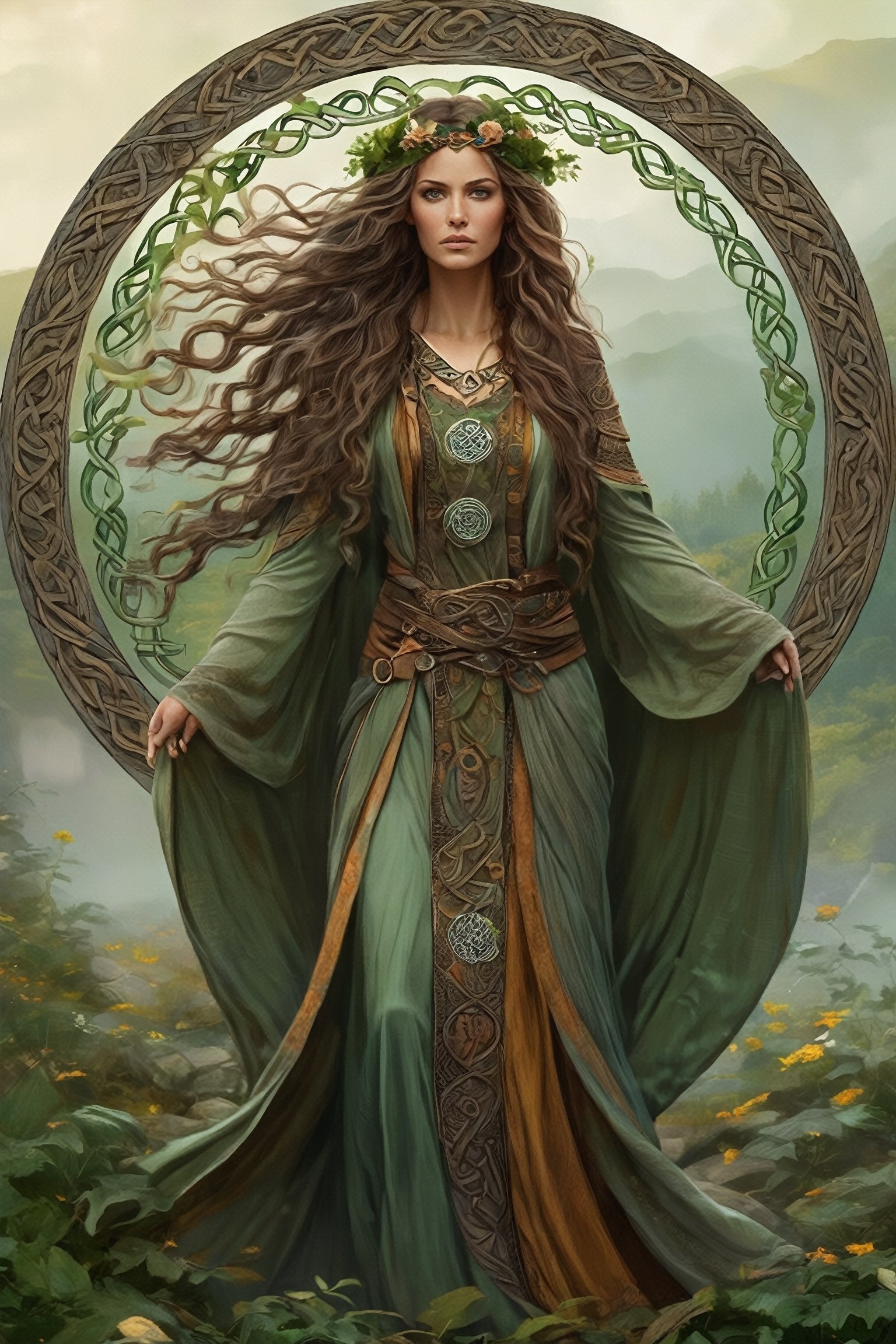 Picture an ancient Celtic female druid,  adorned in flowing robes of earthy tones,  adorned with intricate Celtic symbols...