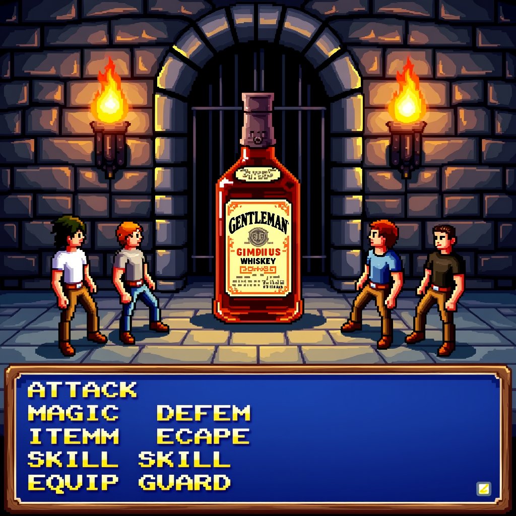 A retro-style RPG battle screen with pixelated 16-bit graphics,  six party member portraits arranged in classic formation...