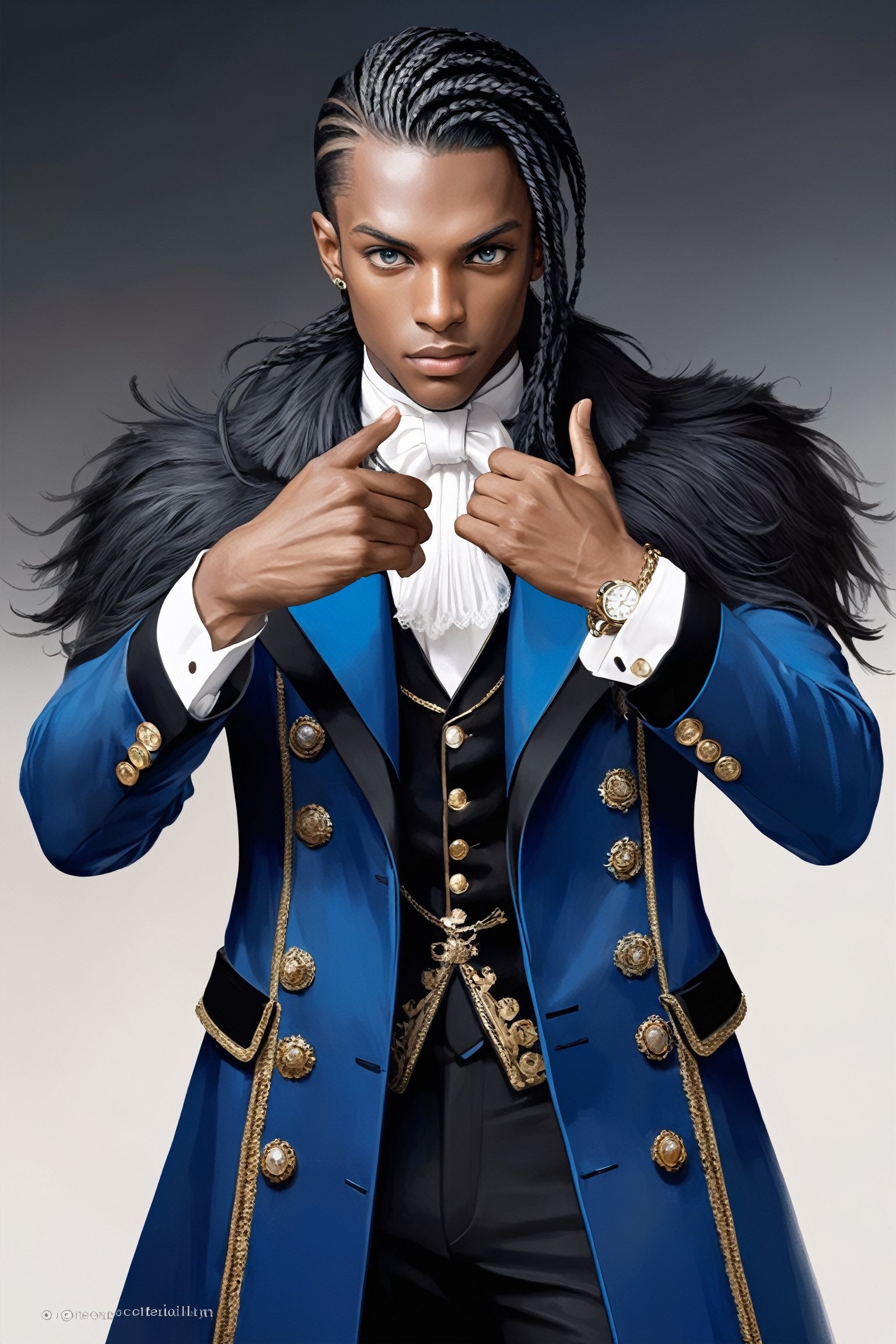 Extreme detailed,Realistic,solo,aesthetic art,
official art, extremely detailed, Extreme Realistic, african beautiful teen boy,beautifully detailed eyes, detailed fine nose,((long hair)),
long braid hair, detailed fingers,muscle body, wearing extremely detailed luxury male Prince Albert coat, high quality, beautiful high Detailed white short hair,boy,emo,Perfect Hands