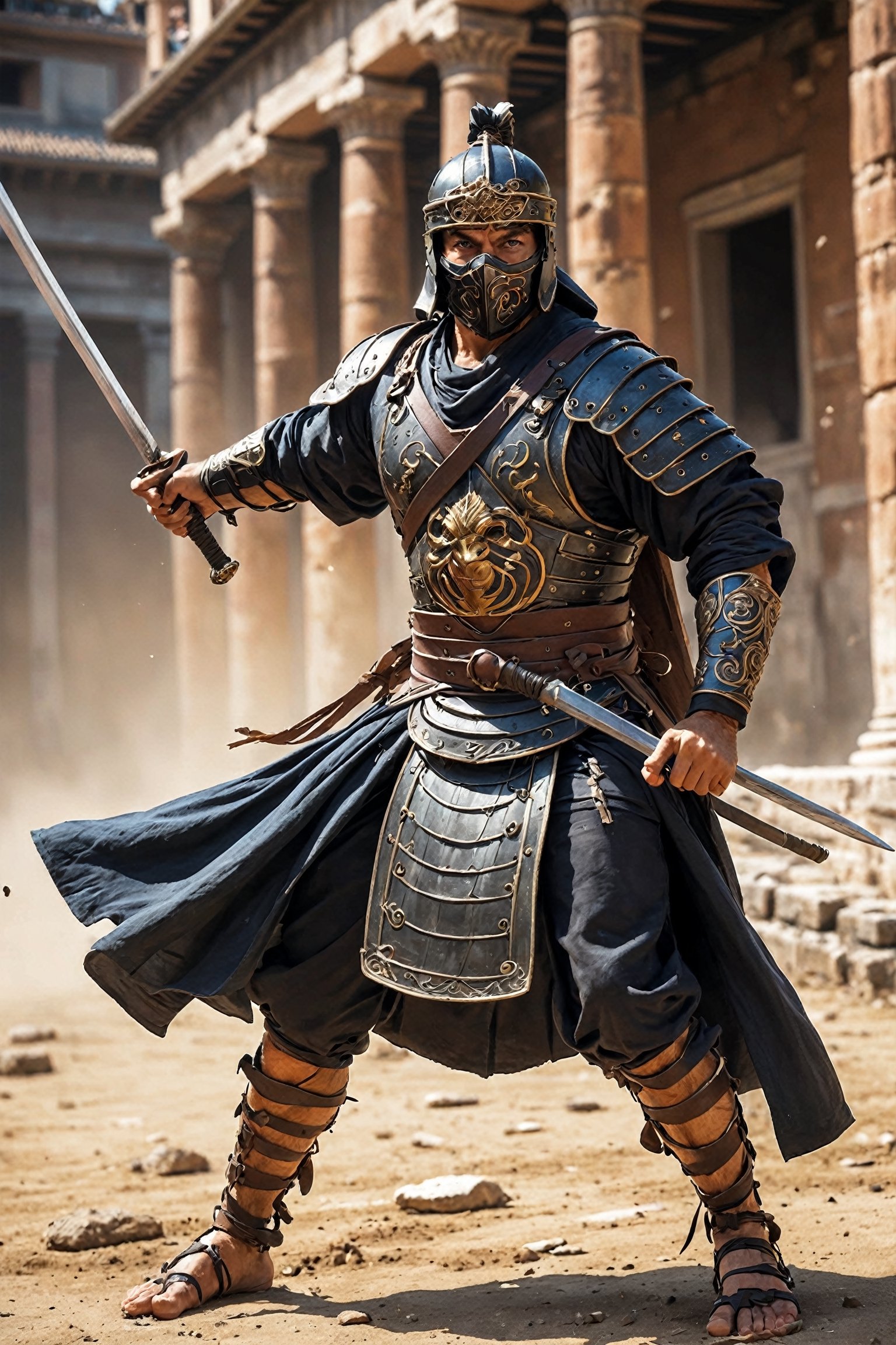 1man, arena of ancient Rome, where the Ninja Gladiator reigns supreme. Clad in stealthy attire and armed with Roman weaponry enhanced by ninja gadgets, this enigmatic warrior combines the agility of a ninja with the prowess of a gladiator. His swift movements and elusive techniques bewilder opponents, ,bl1ndm5k