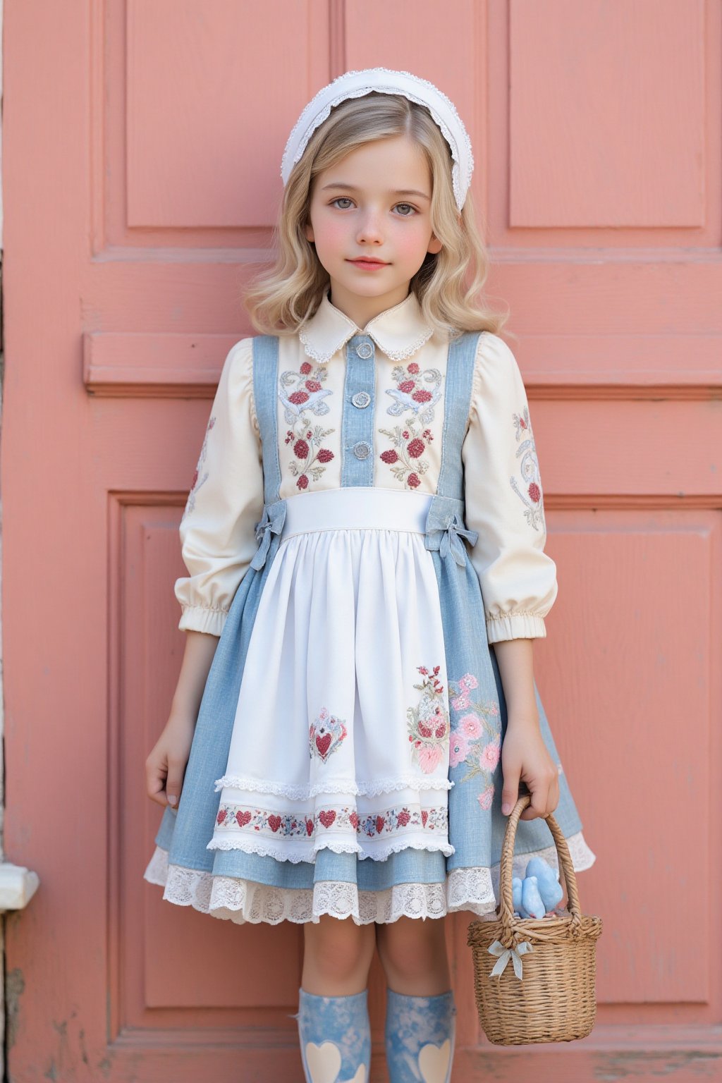 Sweet Lolita coordinate with Nordic/folk art influence. Young girl wearing cream and blue Lolita dress with detailed folk embroidery patterns. Dress features puff sleeves, lace-trimmed bodice, and full circle skirt with decorative apron panel. Intricate details include:

Main dress elements:
- Cream base color with blue ribbon and bow accents
- Embroidered folk art flowers and patterns in burgundy
- White lace trim on hemline, sleeves, and apron
- Puff sleeves with elastic gathering
- Full circle skirt with petticoat underneath
- Decorative apron panel with heart and floral motifs
- Matching bonnet with lace trim and ribbons

Accessories:
- Matching basket bag with ribbon and floral decorations
- Over-knee stockings with folk pattern print in blue
- blue and cream Mary Jane shoes with bow details
- Silver-blonde wavy hair styled with slight curls
- Natural makeup with rosy lips and cheeks

Background:
- Standing against coral pink wooden door
- White painted door frame
- Rustic Nordic aesthetic

Professional Lolita fashion photography with soft natural lighting enhancing the vintage, storybook quality. High detail on fabric textures, embroidery, and lace elements. Nordic/folk art influence visible in pattern choices and color scheme.,ct-vlaoba,aidmafemalecosplay