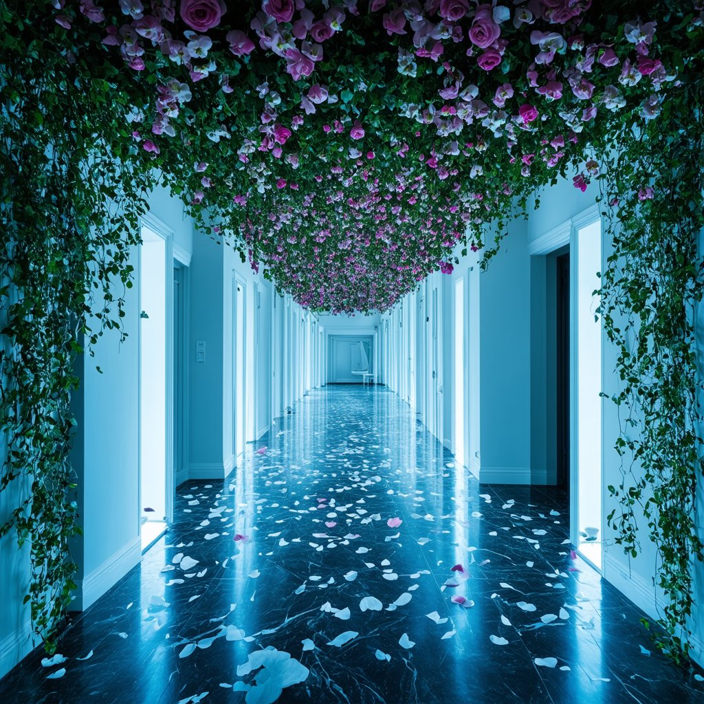 "Ethereal liminal space adorned with abundant flowers. Endless white corridor with soft,  diffused lighting. Walls and cei...