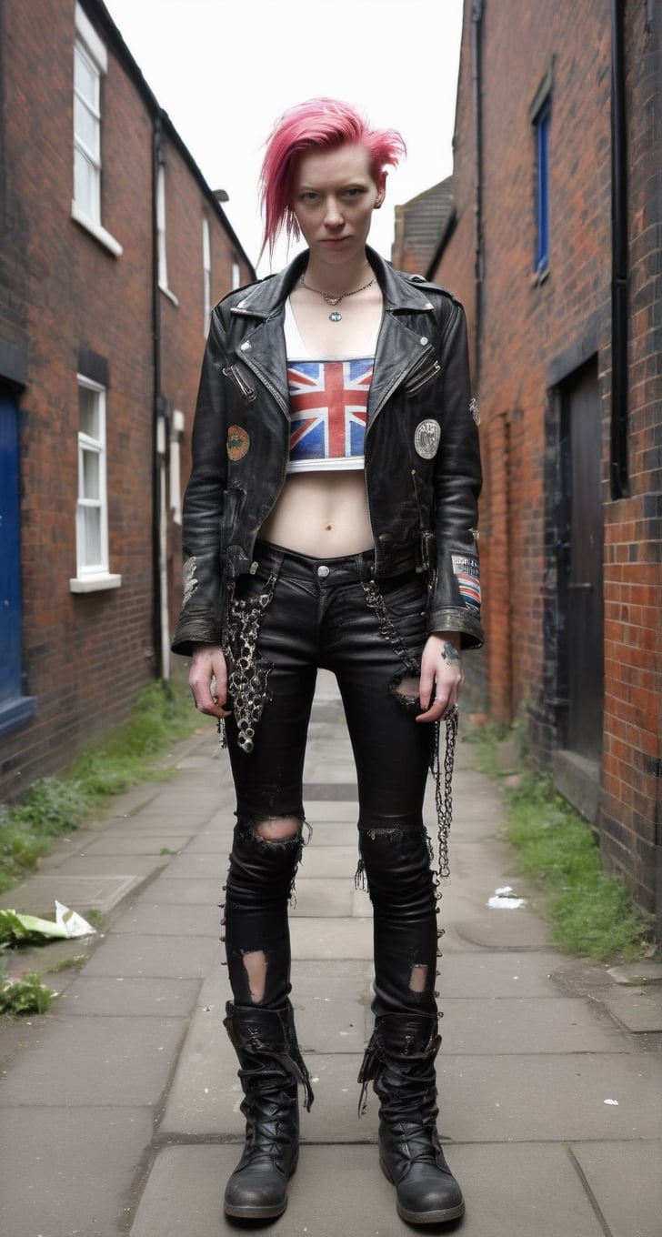 ultra Realistic, 
80’s UK back street, Dirty,  garbage-filled backstreets.devastated street, Junk yard street, 
ANARCHY In the UK, Dirty Rotten Imbeciles, 
Straight Edge, Chaos UK, 
(hardcore Punk fashion Girl), (tilda swinton), 
jokey And playful expression, 
Septum Piercing, more Coal, Ratty dreads, 
More patchs, 
Crust core, (holding whiskey bottle), anti union flag design, dirty torn studded leather jacket, hardcore Punk Style jacket, lot Punk badge, check inner shirt, dirty black leather pants, dirty long torn leather boots, yellowed clothes, {chain storm}, stained clothes,
dirty torn leather jacket, multi color spike hair, photo r3al,