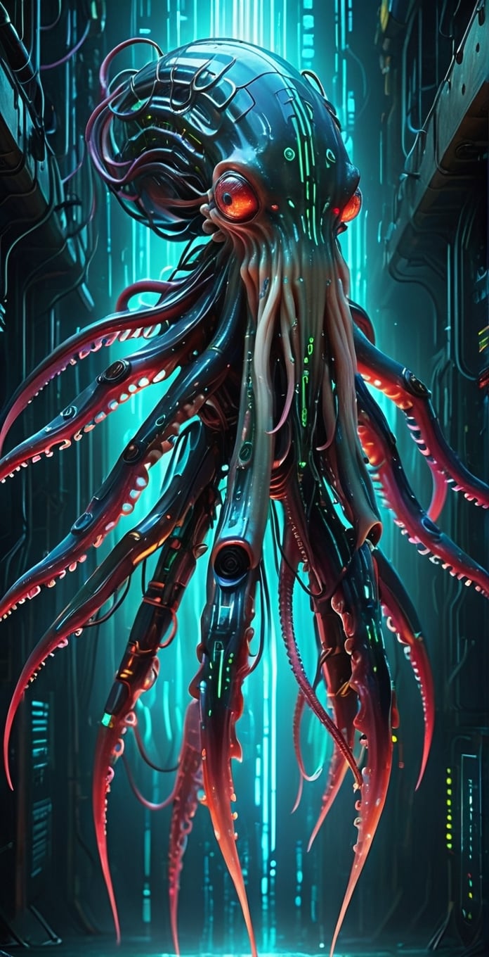 Cybernetic (giant squid),  a towering cephalopod enhanced with cybernetic implants and futuristic technology,  massive bod...