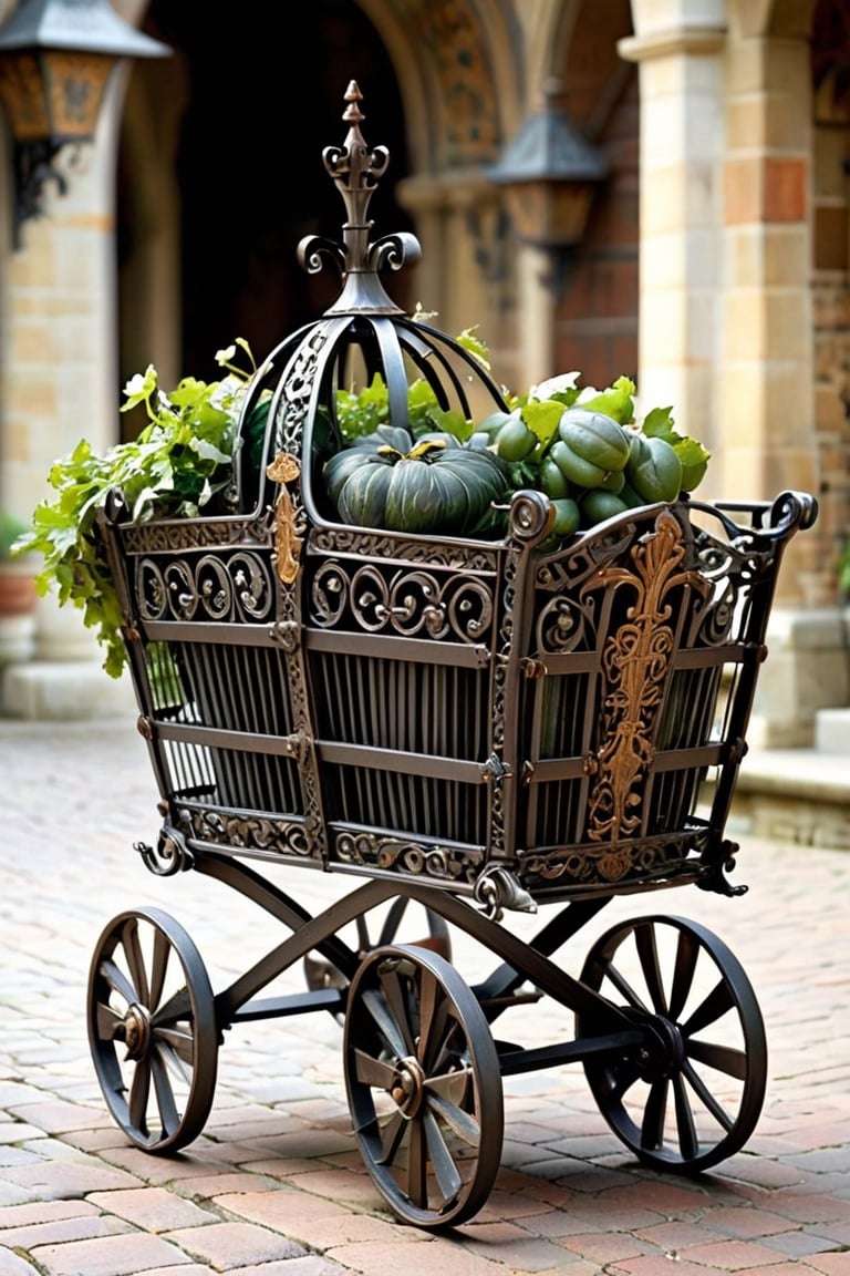 Shopping carts created by medieval European knights exude strength, durability, and elegance. Made of sturdy iron with intricate decorations reminiscent of medieval armor, these carts are built to withstand the rigors of the marketplace. The knight's attention to detail is evident throughout the cart's design, from the ornate scrollwork to the elaborately crafted handles.