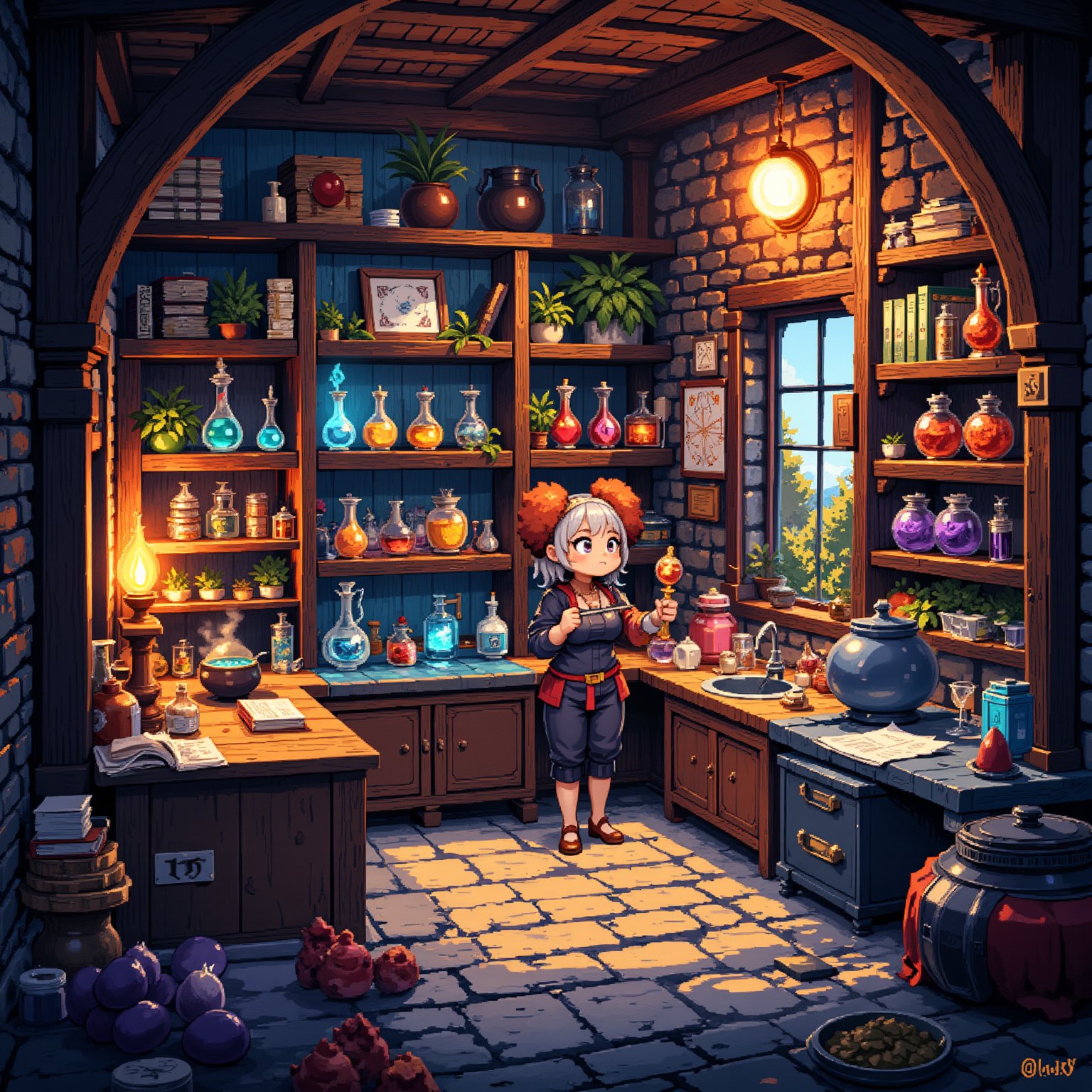 Isometric pixel art ,fantastical alchemist shop, 16-bit style, female anthropomorphic dog shopkeeper, magical potions and ingredients, steaming cauldrons, ancient spell books, crystal balls, glowing runes, floating herbs, colorful liquids in glass vials, wooden shelves filled with curiosities, enchanted artifacts, medieval fantasy setting, warm candlelight, cobblestone floor, cluttered workbench, magical symbols etched on walls, bubbling experiments, mystical smoke effects, cute pixelated characters, vibrant color palette, retro game aesthetic, detailed micro scenes, alchemy apparatus, mortar and pestle, star charts, dragon eggs, fairy dust jars, magical wands, quirky fantasy elements, cozy shop interior, charming pixel details, depth through dither shading, isometric perspective grid, clean pixel edges, no anti-aliasing,Pixel Art,Color