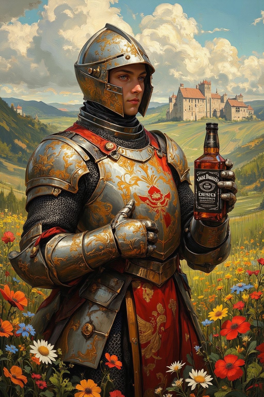 Renaissance-style oil painting of a lush flower field with a knight. Vibrant colors and soft lighting reminiscent of Botticelli. Knight wears pristine Maximilian-style full plate armor, highly detailed with fluting and ornate engravings. Standing amidst colorful wildflowers - poppies, daisies, and cornflowers. Knight's visor is up, revealing a noble face gazing lovingly at a bottle of Jack Daniel's whiskey held in his gauntleted hand. Contrast between medieval armor and modern whiskey bottle. Background shows rolling hills, distant castle, and picturesque sky with fluffy clouds. Painting technique mimics Old Master style: fine brushstrokes, glazing, and sfumato. Golden afternoon light adds warmth and depth. Composition balances realism of armor with whimsical nature of scene. Intricate details in both armor and floral elements. Surreal juxtaposition of historical accuracy and anachronistic element.,Medievalx