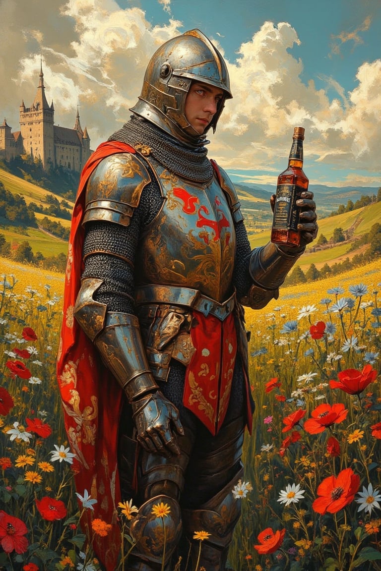 Renaissance-style oil painting of a lush flower field with a knight. Vibrant colors and soft lighting reminiscent of Botticelli. Knight wears pristine Maximilian-style full plate armor, highly detailed with fluting and ornate engravings. Standing amidst colorful wildflowers - poppies, daisies, and cornflowers. Knight's visor is up, revealing a noble face gazing lovingly at a bottle of Jack Daniel's whiskey held in his gauntleted hand. Contrast between medieval armor and modern whiskey bottle. Background shows rolling hills, distant castle, and picturesque sky with fluffy clouds. Painting technique mimics Old Master style: fine brushstrokes, glazing, and sfumato. Golden afternoon light adds warmth and depth. Composition balances realism of armor with whimsical nature of scene. Intricate details in both armor and floral elements. Surreal juxtaposition of historical accuracy and anachronistic element.,Medievalx