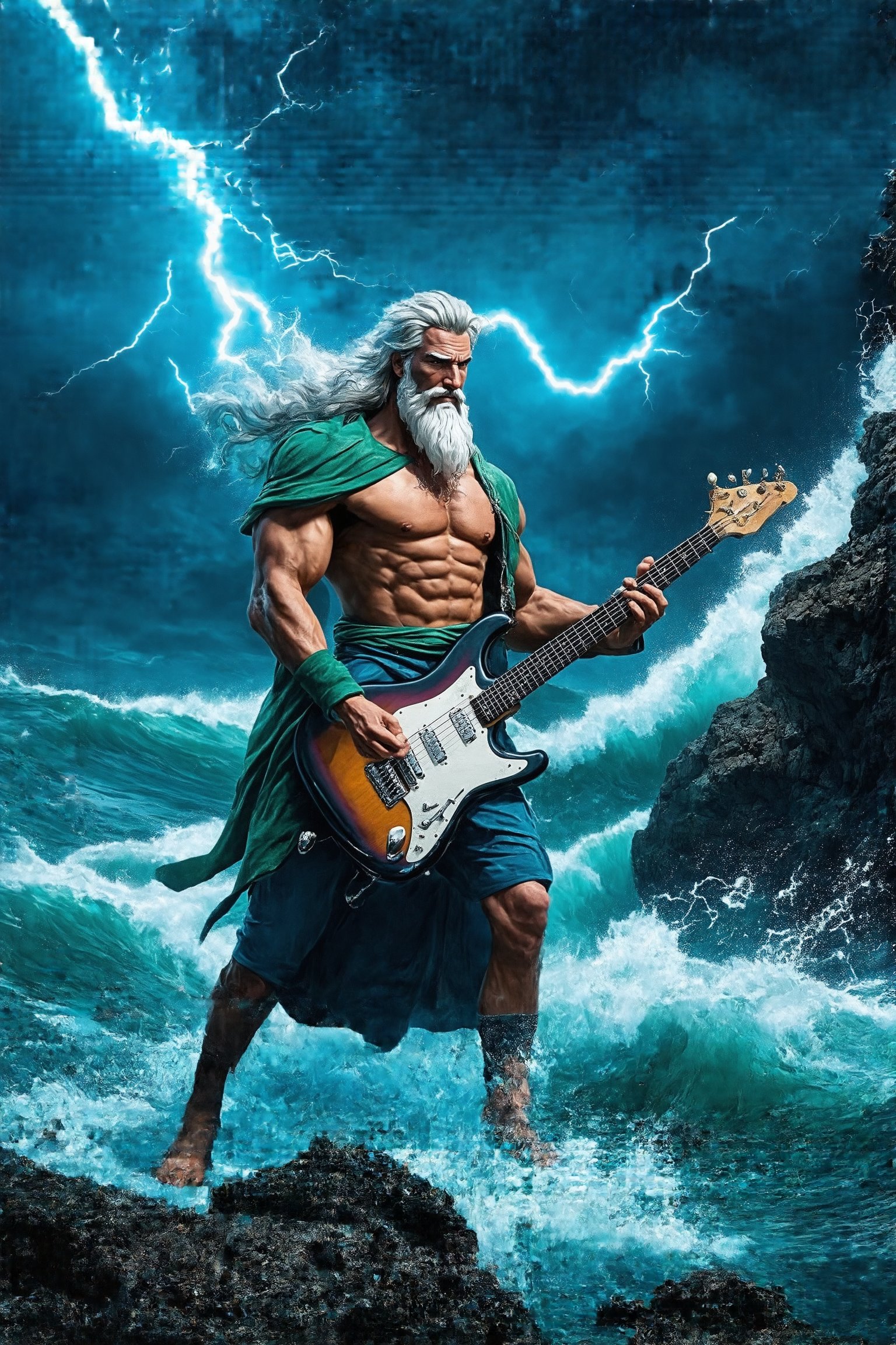 Poseidon, god of the sea, playing a glowing electric guitar. Stormy ocean background with massive waves. Lightning bolts illuminating dark sky. Poseidon with flowing white beard, muscular physique, crown of shells. Wearing shimmering blue-green robes. Wielding a sleek, futuristic electric guitar glowing with ethereal blue light. Water and lightning swirling around him. Standing on a rocky outcrop amid turbulent seas. Photorealistic style with mythological elements. 8K resolution, sharp focus on Poseidon and guitar. Dynamic pose, hair and robes billowing dramatically. Epic, cinematic atmosphere. Blend of ancient mythology and modern rock aesthetics