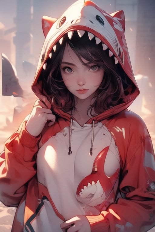 (masterpiece, best quality, highres:1.1, photorealistic:1.2), (realistic, realistic skin texture:1.2), cute girl,cowboy shot,
Wearing over sizeSHARK mascot costume, Realistic SHARK hood,
ppcp, graffiti background,dino,1 girl