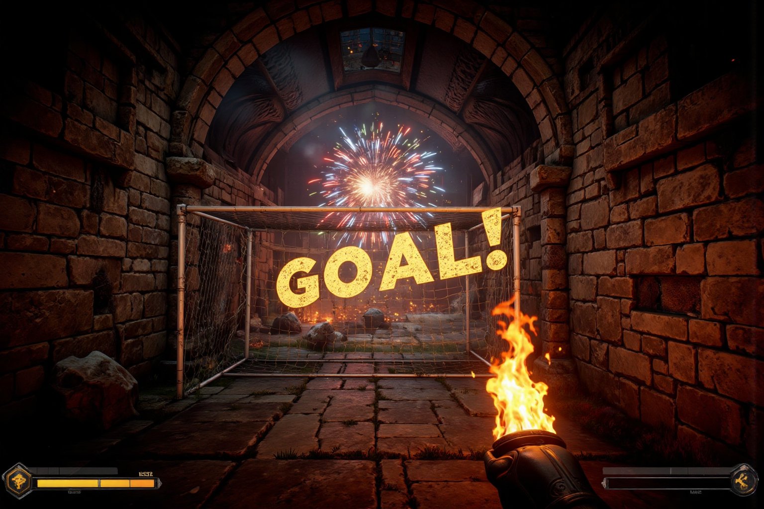 First-person POV of a surreal FPS game interface. Player's hands visible, holding a burning torch in right hand, casting flickering orange light. Left hand empty, partially visible at screen edge. Stone dungeon corridor ahead, arched ceiling. Cobwebs in corners. At the end of the corridor, bizarrely out of place, stands a full-size soccer goal. The white goal posts and net contrast starkly with the dark stone walls. Behind the goal, colorful fireworks explode, illuminating the dungeon with brilliant bursts of red, gold, and blue. Sparks and smoke trail through the air. UI elements: health bar, mini-map, and inventory slots along screen edges. Torch light interplays with firework flashes, creating dynamic shadows and colorful reflections on the stone walls. Hyper-realistic graphics with detailed textures on the goal posts, net, and surrounding architecture. Atmosphere is a surreal blend of medieval dungeon, sports equipment, and festive celebra",Large golden letters written in the center of the screen: "GOAL!",textbox