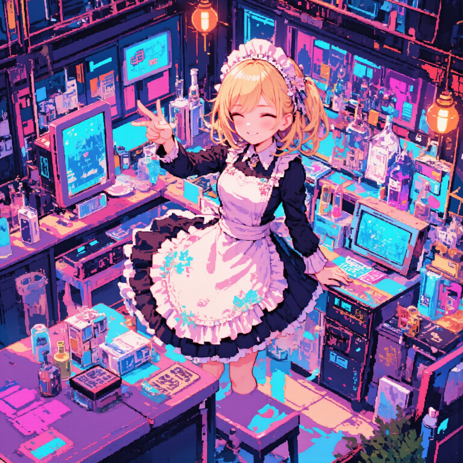 pixel art diorama,1girl,solo,chibi girl,pastel frilly apron, glamorous dress with frills and bows, girl is smiling and welcoming,
cyberpunk bar setting, isometric view, limited color palette, 16-bit era aesthetic, futuristic bar interior, bar table, glasses and alcohol, holographic monitor, neon lighting, old vs new elements, retro-futuristic atmosphere, detailed pixel shading, miniature scene atmosphere, soft vignette edges, cyberpunk color scheme with pastel accents, intricate pixel pattern on dress, glowing technology effect, pixelated lens flare, low-res charm, nostalgic game style, small animation details,lyh,anime,Pixel Art,ZanyEyesStyle