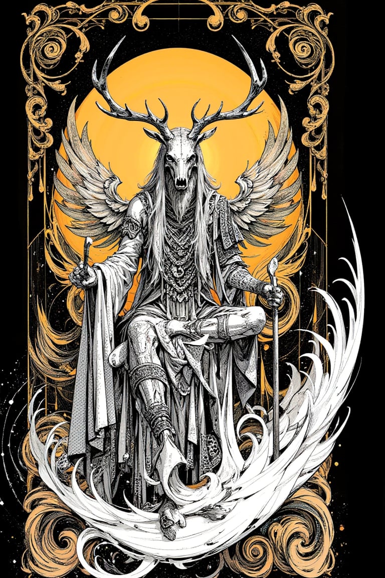 A detailed, black and white illustration of a mystical shaman figure with deer skull headdress. The figure is seated, holding a staff, surrounded by intricate, swirling patterns and nature elements. Long, flowing hair and a beard blend with feathers and fur. The shaman wears elaborate tribal clothing with detailed patterns. A golden Art Nouveau style frame surrounds the central image, with organic, curving lines. Behind the figure is a glowing orange-yellow circular backdrop, creating a halo effect. The overall style is highly detailed pen and ink drawing with stippling and fine linework. Dark background with high contrast. Themes of nature, mysticism, and tribal spirituality are prominent. Hyper-detailed, 8K resolution, ornate illustration style,surrealportraits