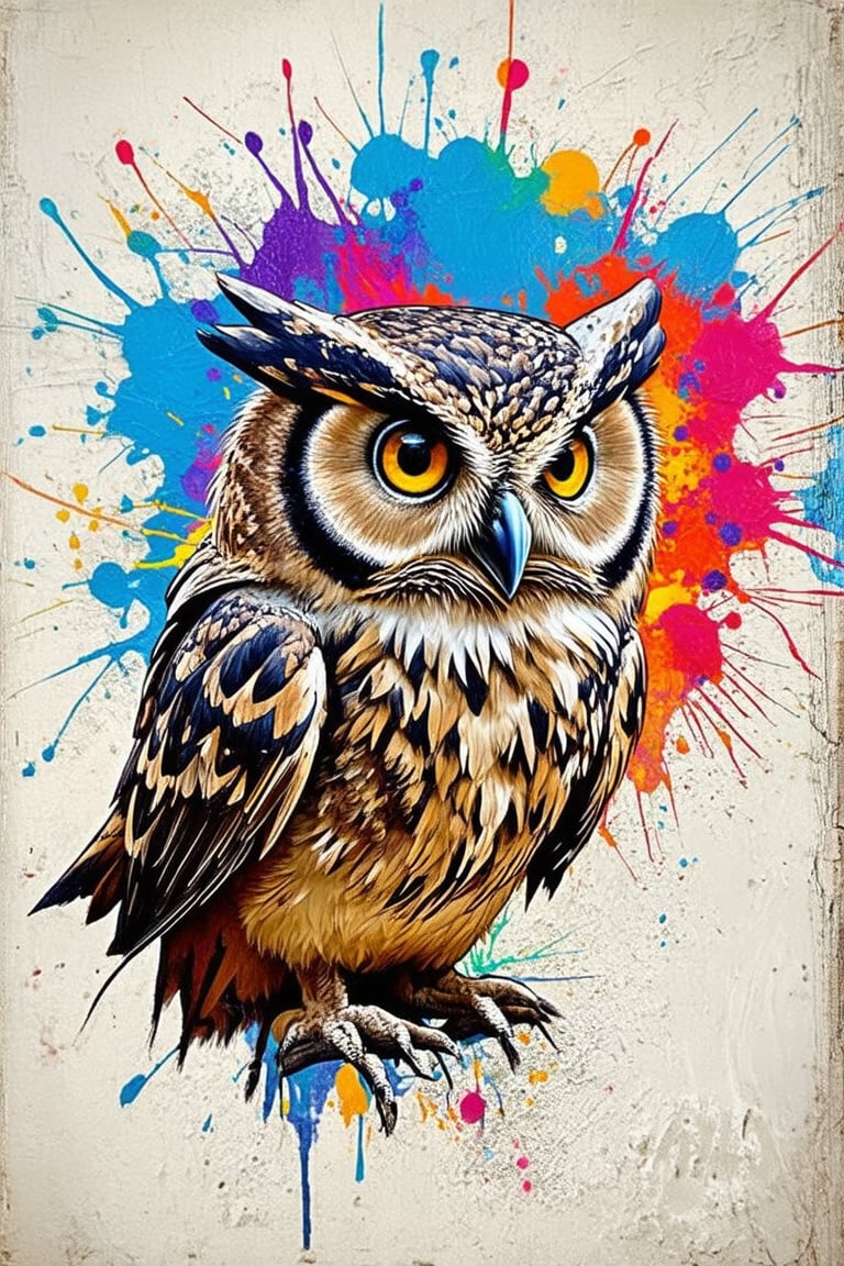 The urban canvas features a lively, life-like owl inspired by street art, depicted in a dynamic and lively pose that gives the impression of: With vitality and movement, people create visually appealing compositions, appealing and urbane artwork. painted world, colorful splash, amazing quality, art station, ink, color splash