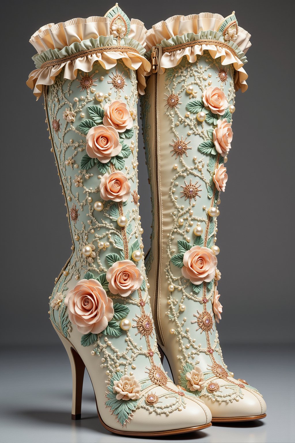 elegant Victorian-style high heel boots adorned with intricate decorations in soft pastel colors. The boots feature handcrafted pale pink silk roses cascading from the top to ankle, complemented by mint green lace embroidery throughout. Delicate pearl strands and beaded embellishments create graceful swirling patterns across the surface. The boots rise to mid-calf height with ruffled silk trim at the top edge, decorated with vintage-style lace and more miniature roses. The heels are adorned with pearl chains and metallic gold filigree work. The base fabric is ivory silk with subtle shimmer, overlaid with intricate embroidery patterns in mint green and rose gold threads. Each rose is perfectly crafted with layers of silk petals in soft peach tones. Crystal beads and tiny pearls are sewn throughout the design, catching light at every angle,Made of adrr-zllj