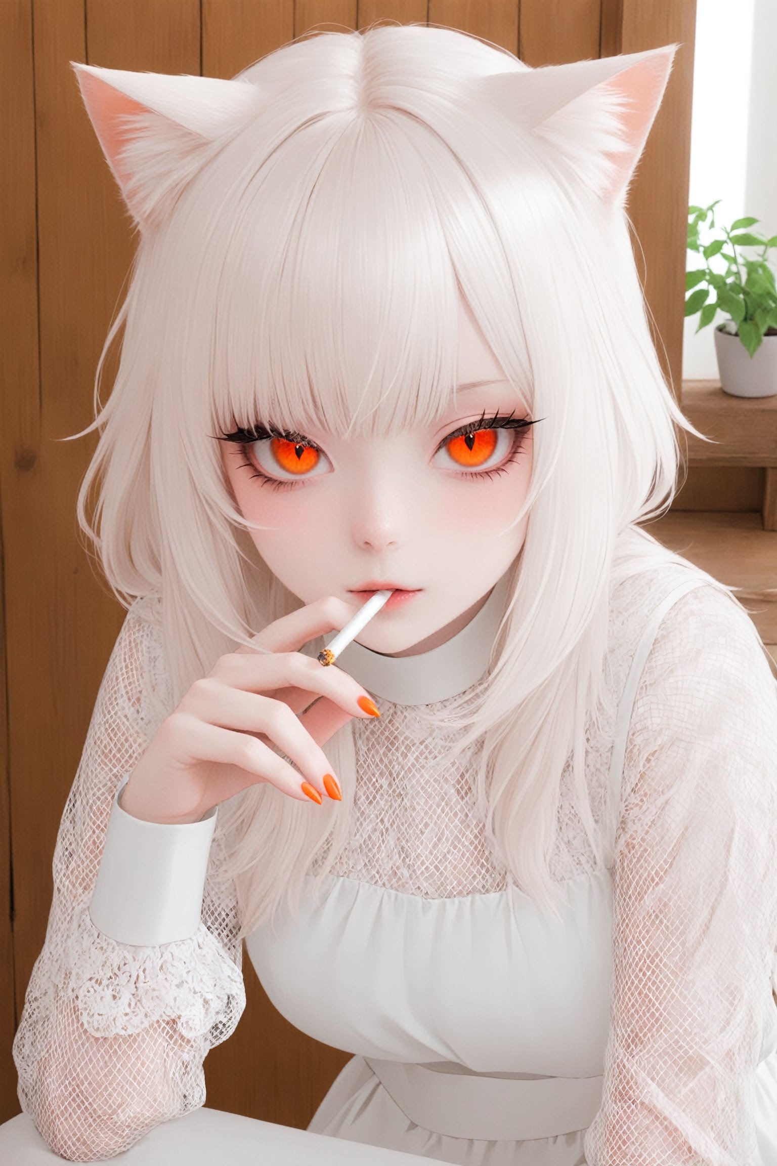 1 girl, albino cat girl,cat ear, with lethargic sleepy smokey eyes,white eyelashes,((orange slit pupil eyes)),mesh fishnet blouse,pure White long dress, ,pink-emo,catgirl,smoking a delicious cigarette, wooden floor,House Background,JPkitchen,