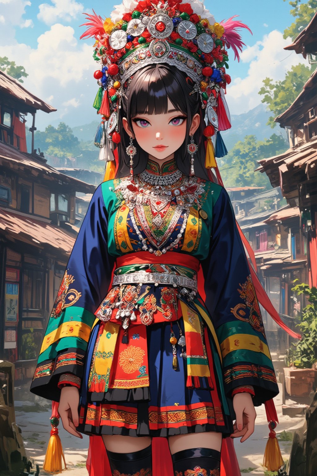 anime style,1Girl,16yo,A young Hmong girl in northern Thailand wearing an opulent traditional bridal costume. Vibrant, multi-layered outfit with intricate embroidery and silver coin decorations. Elaborate headdress adorned with colorful tassels, beads, and dangling silver ornaments. Heavy silver necklaces and large earrings frame her face. Richly embroidered jacket in deep indigo with geometric patterns in red, yellow, and green. Wide pleated skirt with bold horizontal stripes and detailed needlework. Ornate silver belt with hanging charms. Embroidered apron with intricate designs. Legs wrapped in indigo leggings with embroidered ends. Traditional cloth shoes with pointed toes. She stands in a misty mountain village with traditional Hmong houses in the background,by Midjourney_Whisper, adrr-zllj,HMong clothes,1girl,lyh